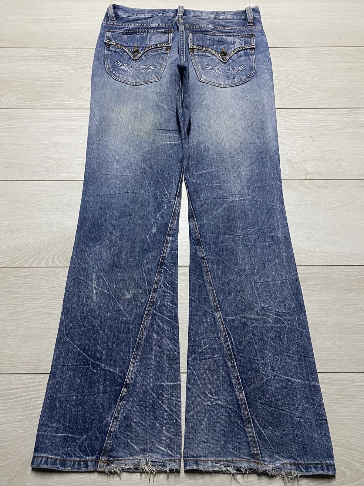 Tornado Mart 💥Flare💥Nylaus Distressed Denim Twist leg Pants Size US 32 / EU 48 - 2 Thumbnail