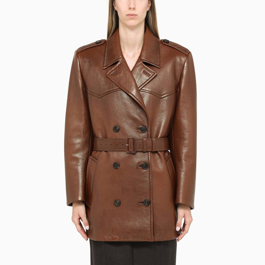 Prada o1d2blof0924 Leather Double-breasted Coat in Brown Size S / US 4 / IT 40 - 1 Thumbnail