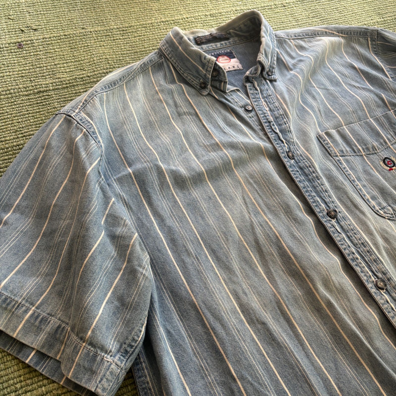 Vintage Vintage 1990s Coliseum Jeans Faded Blue Striped Cotton Shirt Size US XL / EU 56 / 4 - 4 Thumbnail