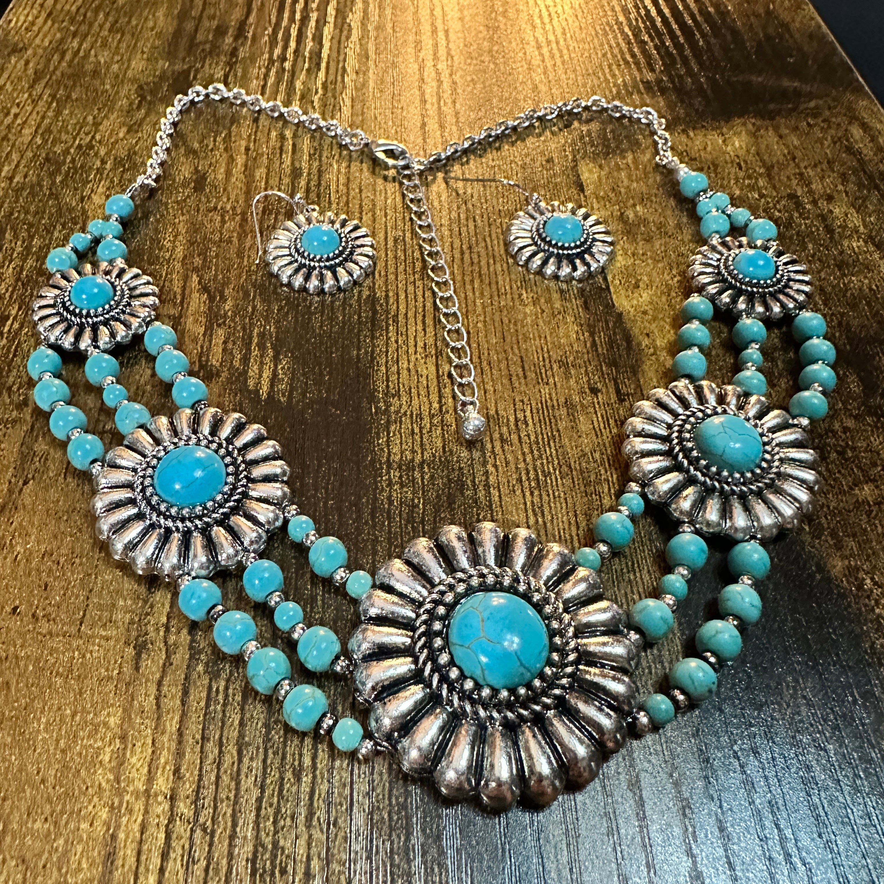 Other Turquoise Flower Concho Beaded Necklace and Earrings Set Size ONE SIZE - 1 Thumbnail