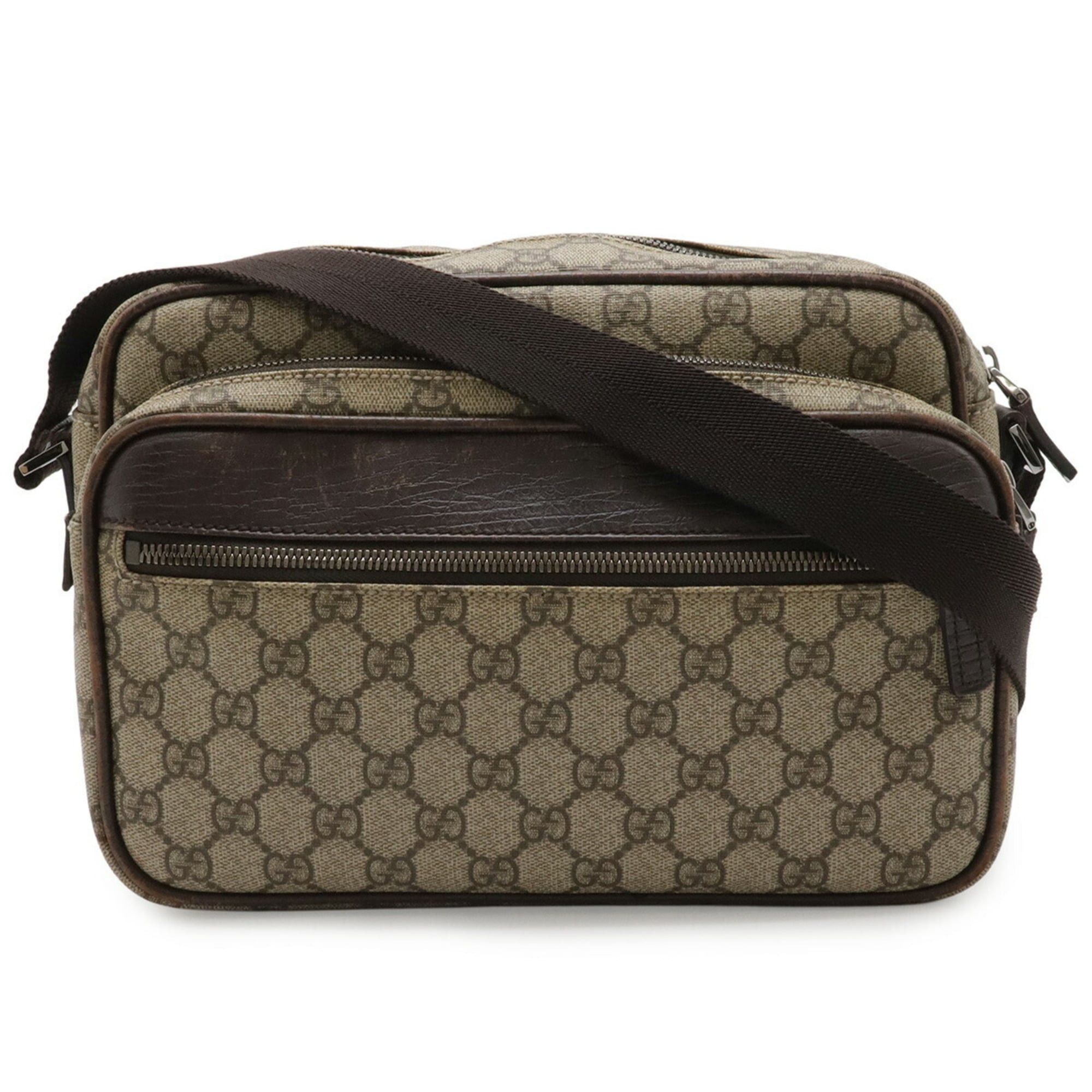 Gucci GG Supreme Plus Shoulder Bag In Leather, Khaki Beige And Dark Brown, 114531, Women's