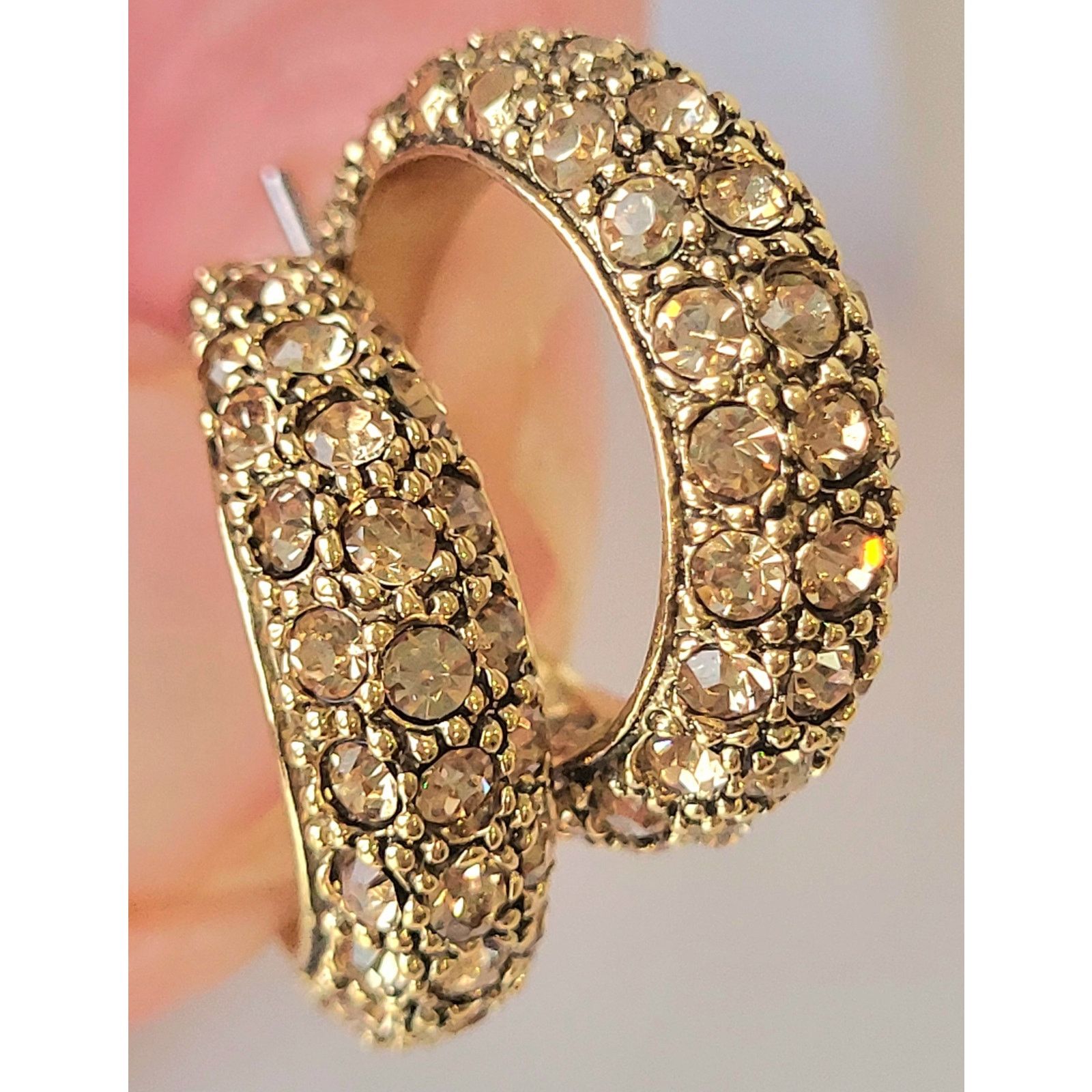 Monet Monet Gold Rhinestone Hoop Earrings Signed Vintage Pierced Size ONE SIZE - 1 Thumbnail