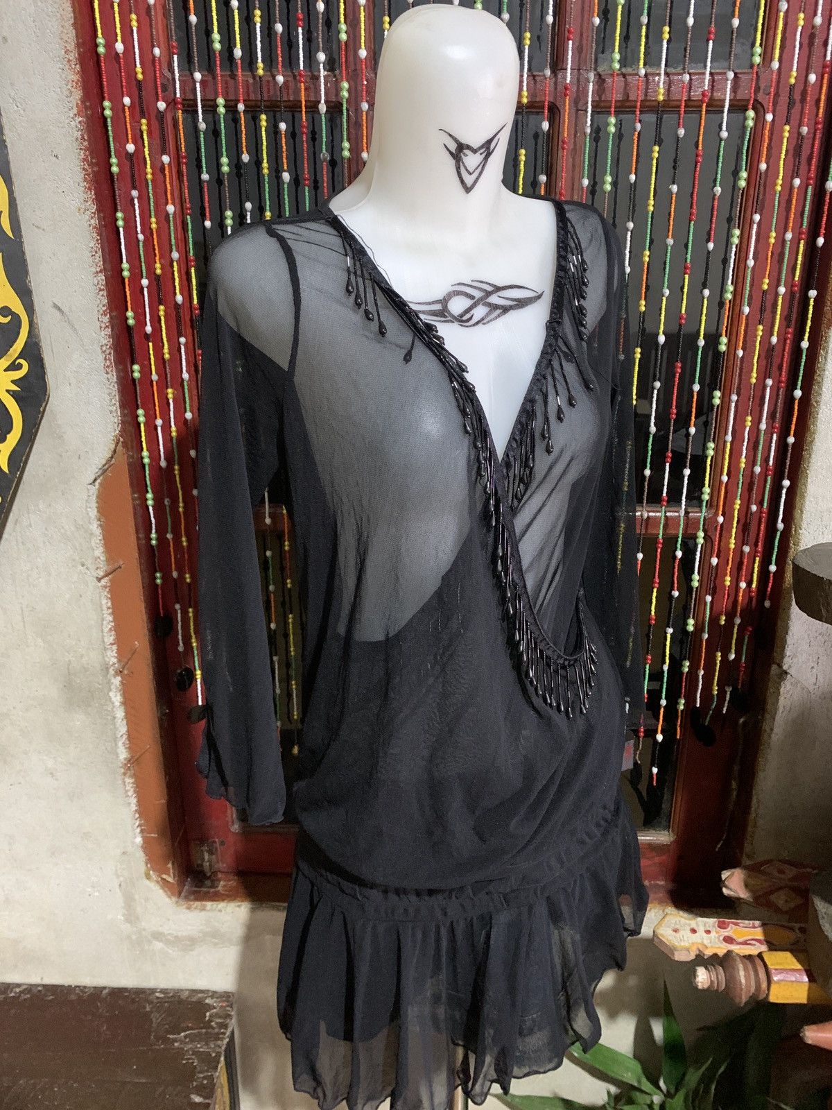 Japanese Brand Ozz On Japan Goth Black Beady Ruffle Frilly Mesh Mini Dress Size M / US 6-8 / IT 42-44 - 2 Thumbnail