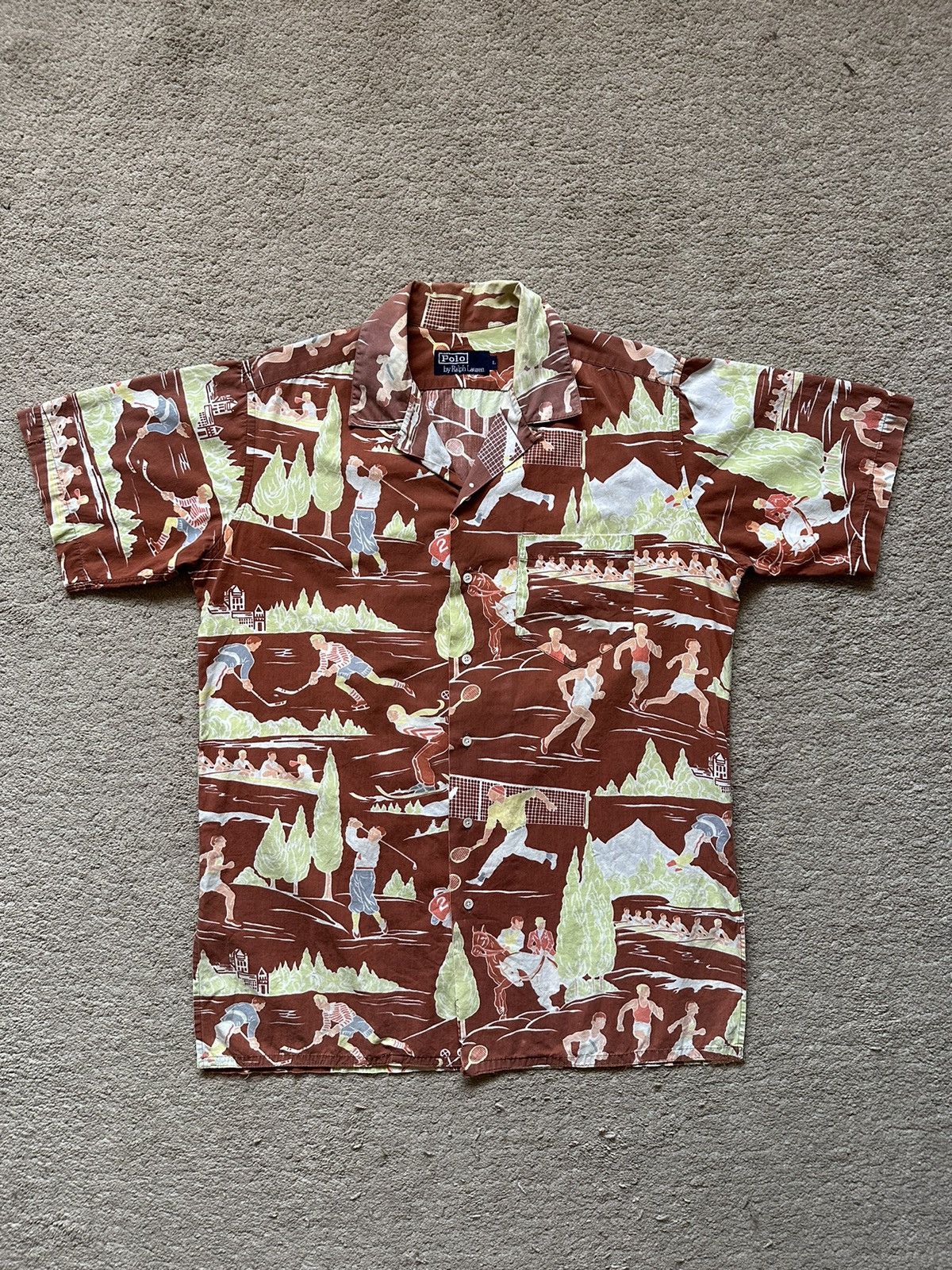image of 1980S Polo Ralph Laurent Overprint All Sports Hawaiian Shirt in Light Maroon, Men's (Size Large)