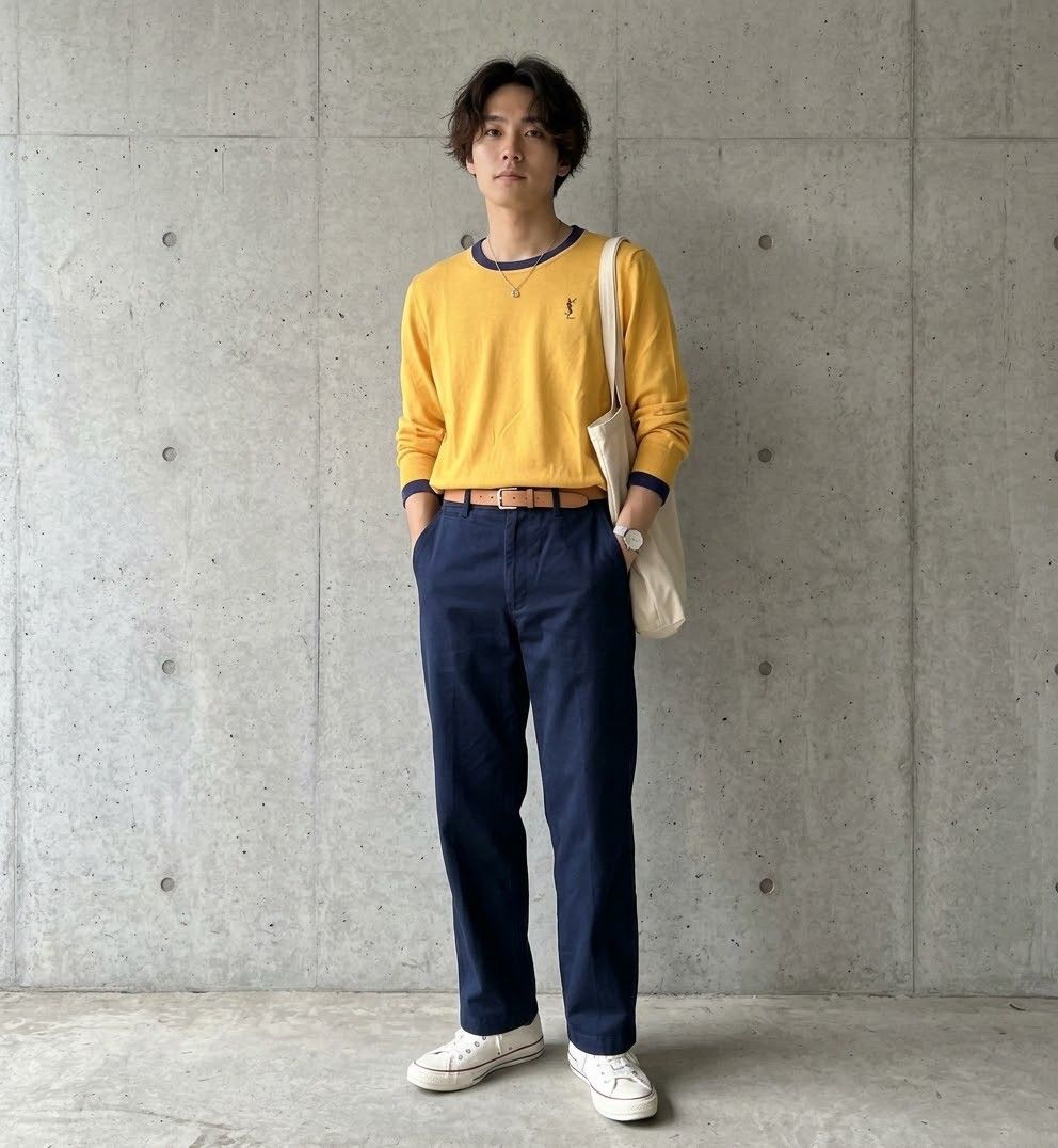Yves Saint Laurent Vintage YSL Yellow Blue Trim Long Sleeve Knit Sweater Size US M / EU 48-50 / 2 - 1 Thumbnail