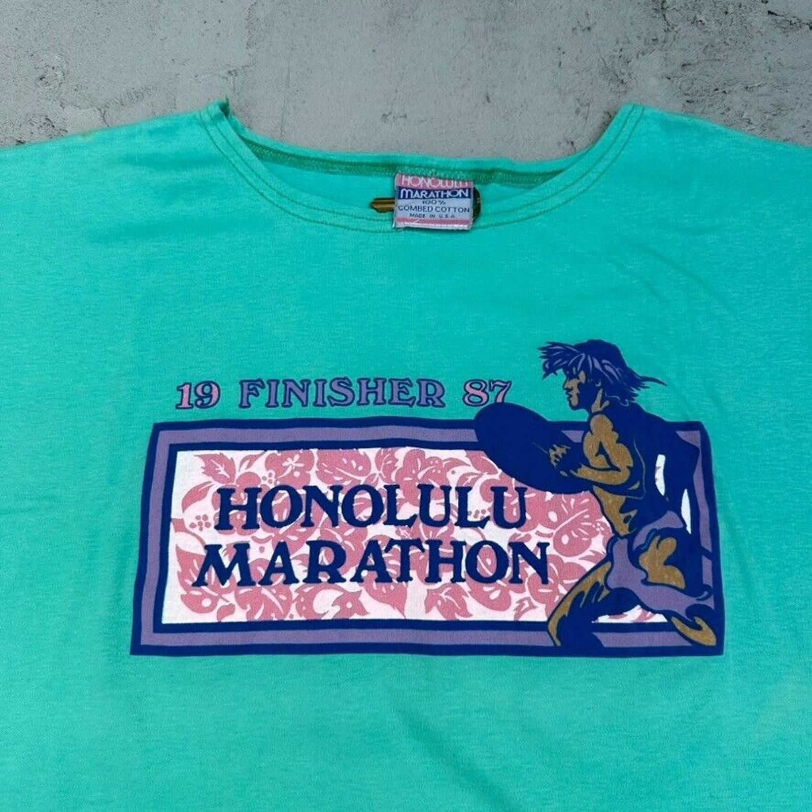 Vintage Vintage Honolulu Marathon Finisher 1987 Hawaii Teal T Shirt Size S / US 4 / IT 40 - 2 Thumbnail