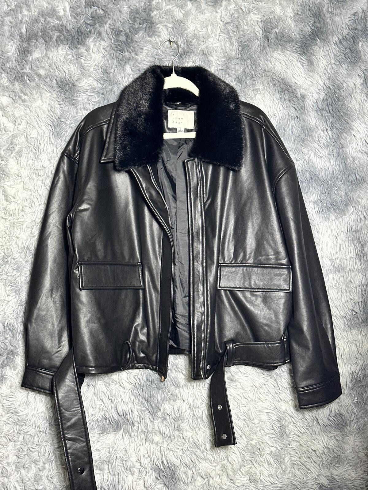 Other wild fable Black Faux Leather Jacket with Faux Fur Collar Size L / US 10 / IT 46 - 1 Thumbnail