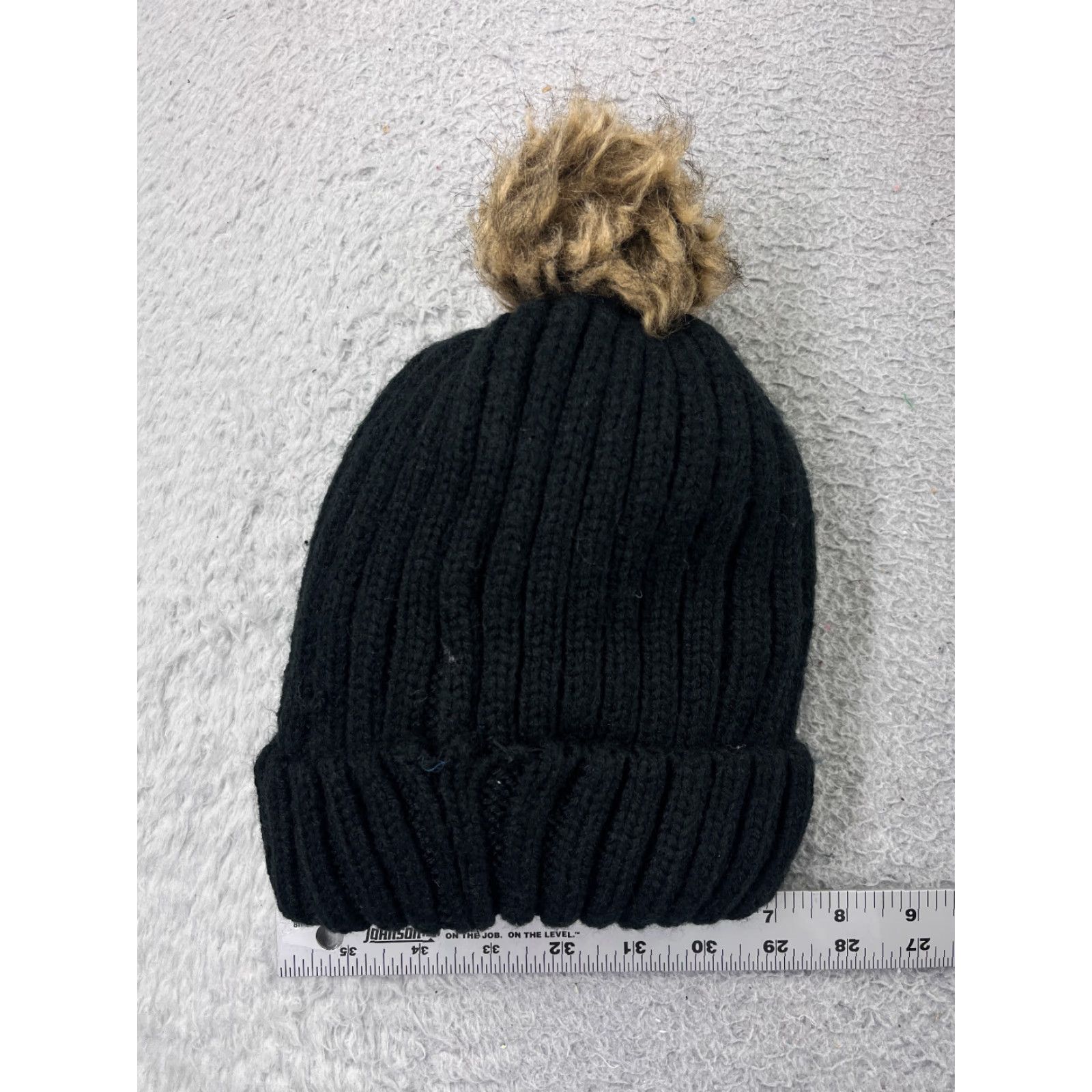 Vintage Womens Beanie Toque One Size Black Ribbed Knit Lined Acrylic Faux Fur Pom Size ONE SIZE - 3 Thumbnail