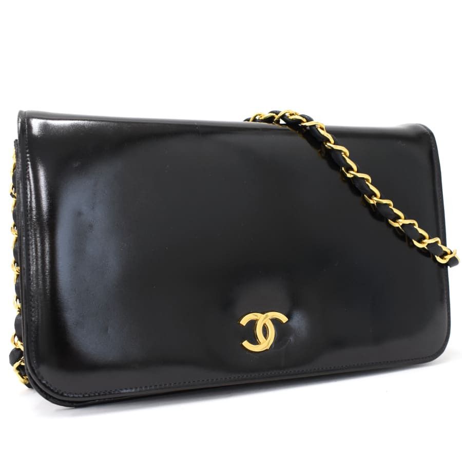 image of Chanel Chain Shoulder Bag Coco Mark Enamel Leather Black Gold Hardware, Women's