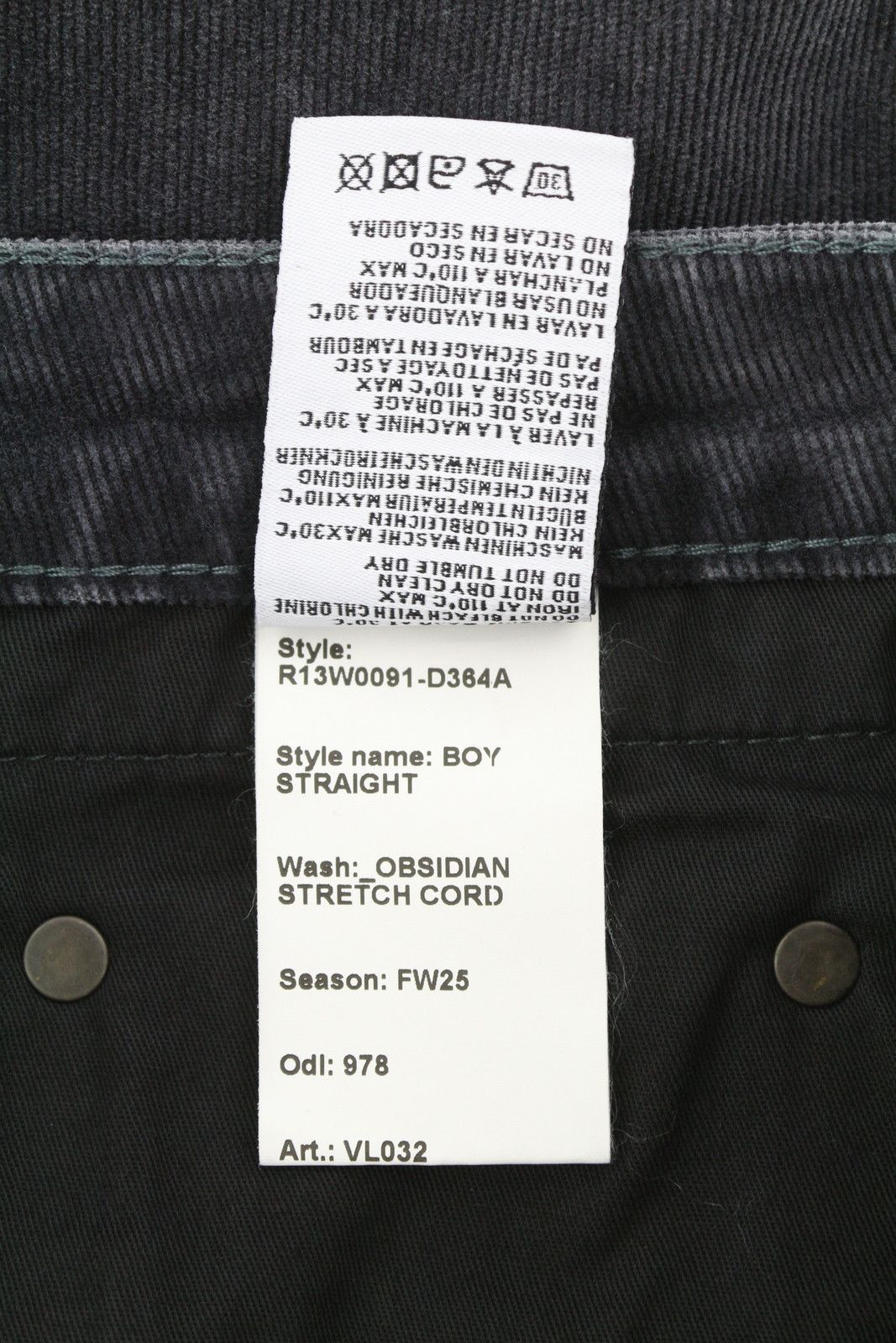 R13 BOY STRAIGHT 26 Obsidian Stretch Cord Faded FW25 86618 Size 26" / US 2 / IT 38 - 9 Thumbnail