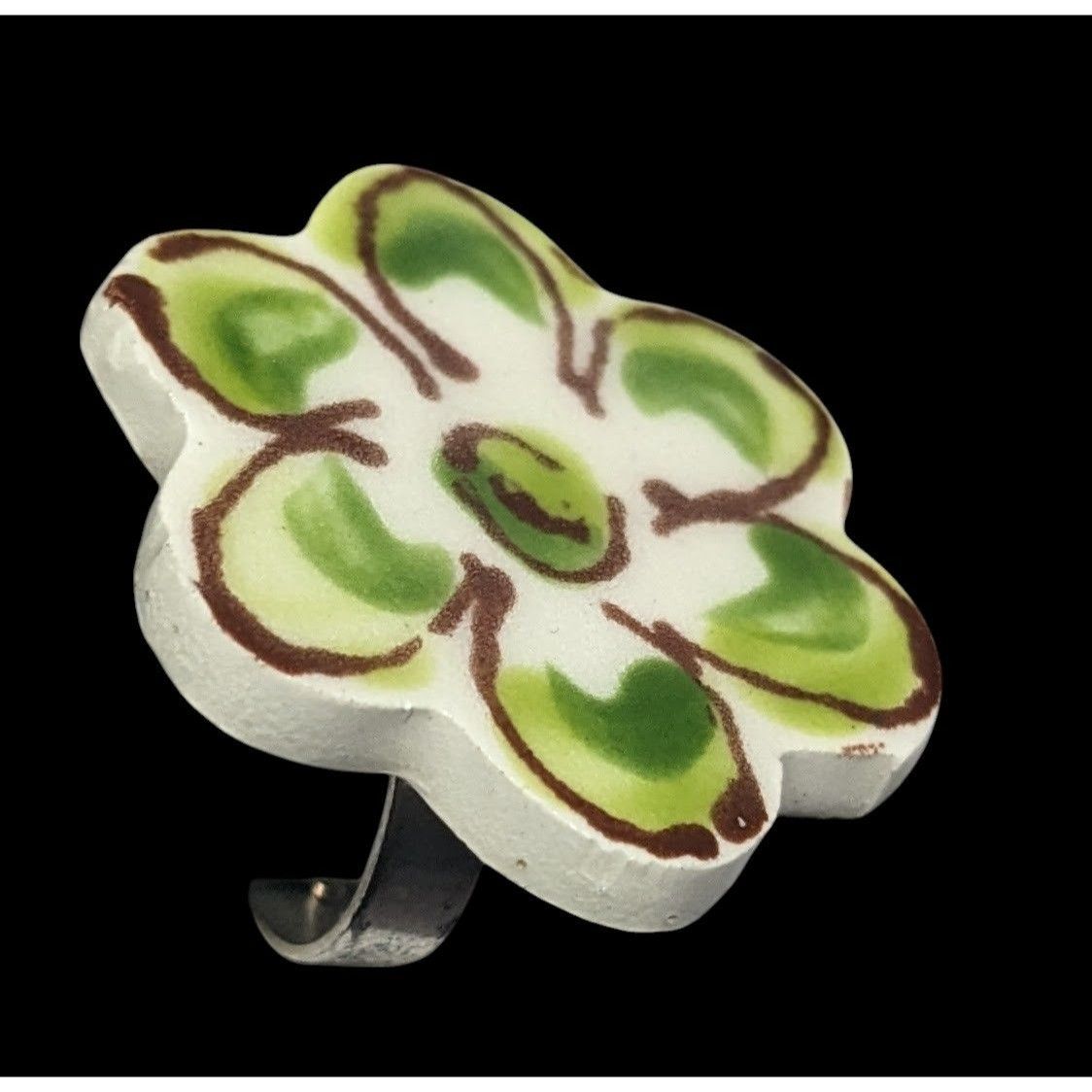 Other Vintage Retro Handmade Ceramic Green Floral Adjustable Ring Size ONE SIZE - 2 Thumbnail