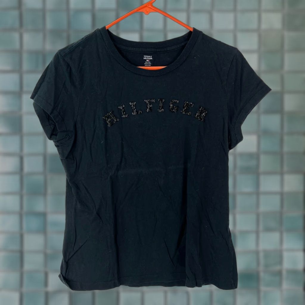 Tommy Hilfiger Tommy Hilfiger Womens Short Sleeves Rhinestone Pullover Black T Shirt Size L Size L / US 10 / IT 46 - 1 Thumbnail