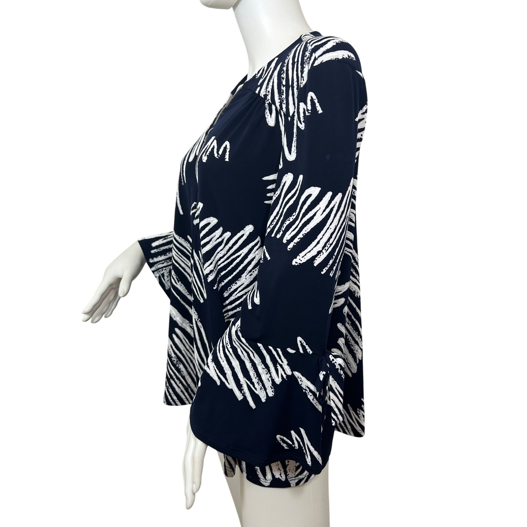 Joseph Ribkoff Joseph Ribkoff Navy White Abstract Print Blouse Zip Bell Sle Size XL / US 12-14 / IT 48-50 - 4 Thumbnail