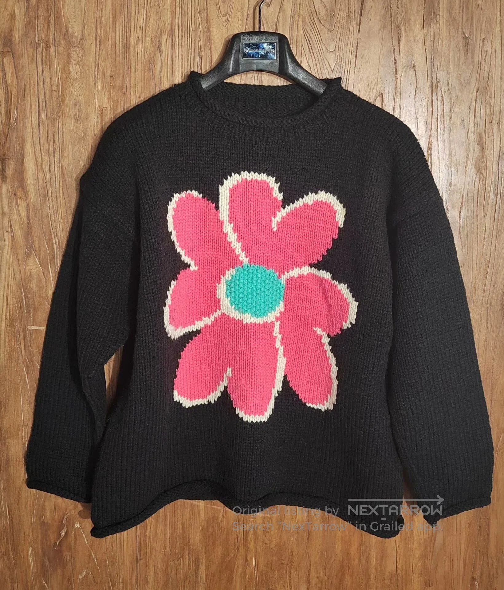 Japanese Brand Black Hand-Knitted Sweater with Pink Floral Design. Size L / US 10 / IT 46 - 1 Thumbnail