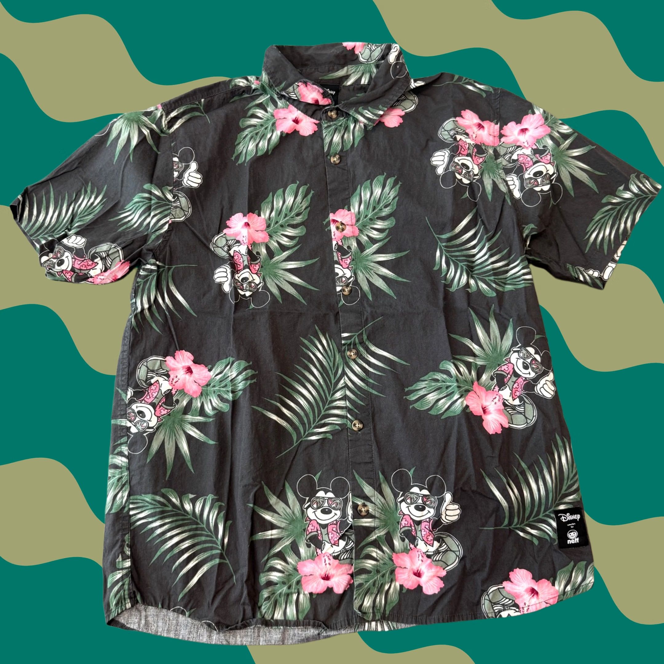 Disney VINTAGE Mickey Mouse Disney Neff Tropical Black Button Up Short Sleeve L Mens Size US 33 - 1 Thumbnail