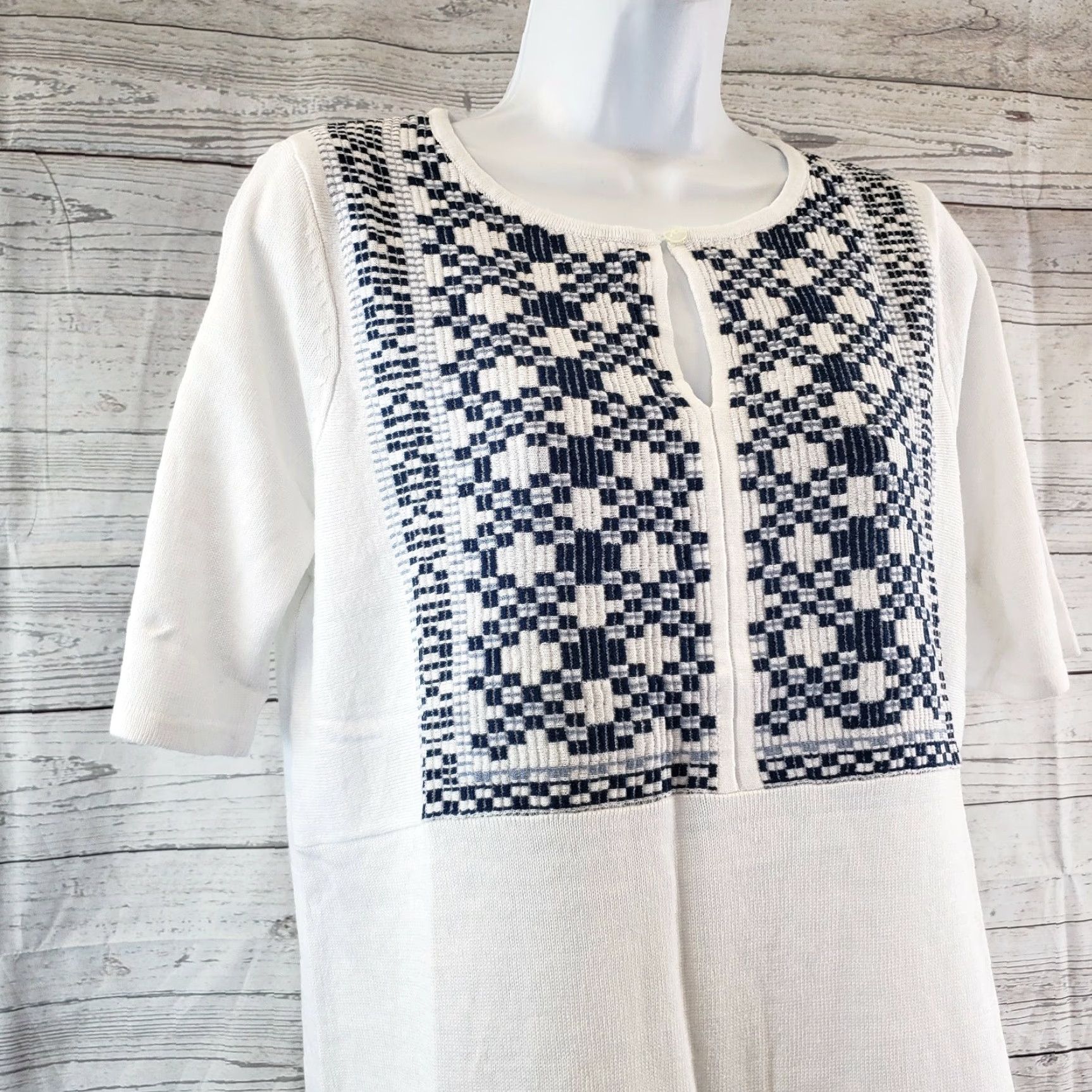 J. Jill J Jill Womens Jacquard Bib Sweater Sz Small Blue White Short Sleeve Linen Blend Ladies Pullover Knit Shirt Size S / US 4 / IT 40 - 2 Thumbnail