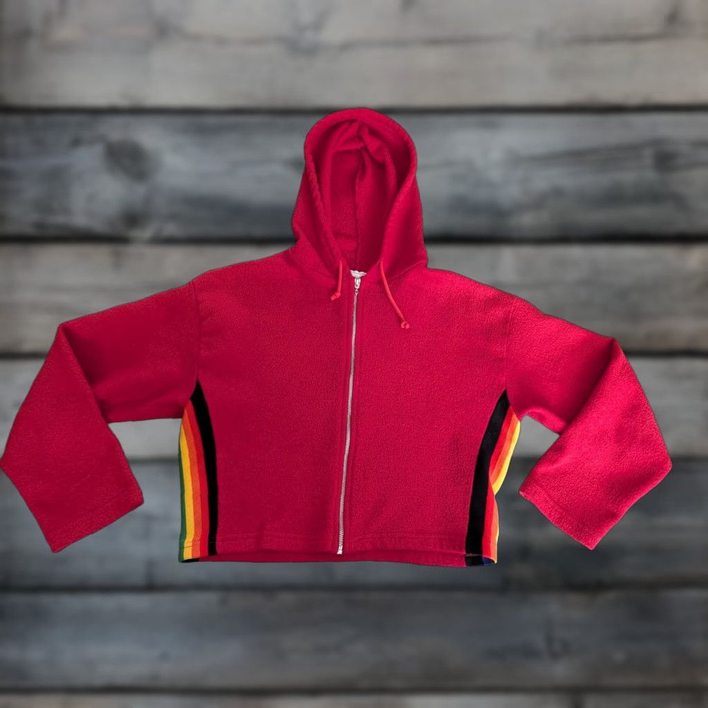 VINTAGE In Charge Sweatshirt Shirt Womens Cropped Full Zip Hooded Fleece Red With Rainbow Sides M USA