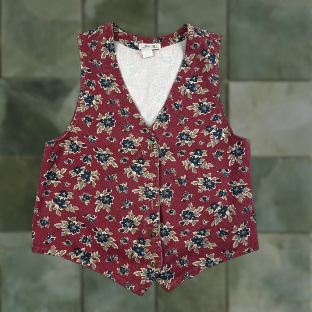 Cherokee VINTAGE Cherokee Floral Vest Womens Medium Red V-Neck 90s Floral Nature Size M / US 6-8 / IT 42-44 - 1 Thumbnail