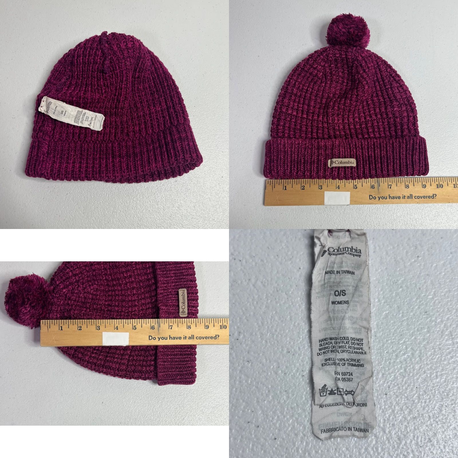 Vintage Columbia Beanie Women's One Size Purple Fuchsia Knit Waffle Cuffed Pom Pom Outdoor Activewear Casual Travel Winter Fall Spring Styles: Beanie Size ONE SIZE - 8 Thumbnail