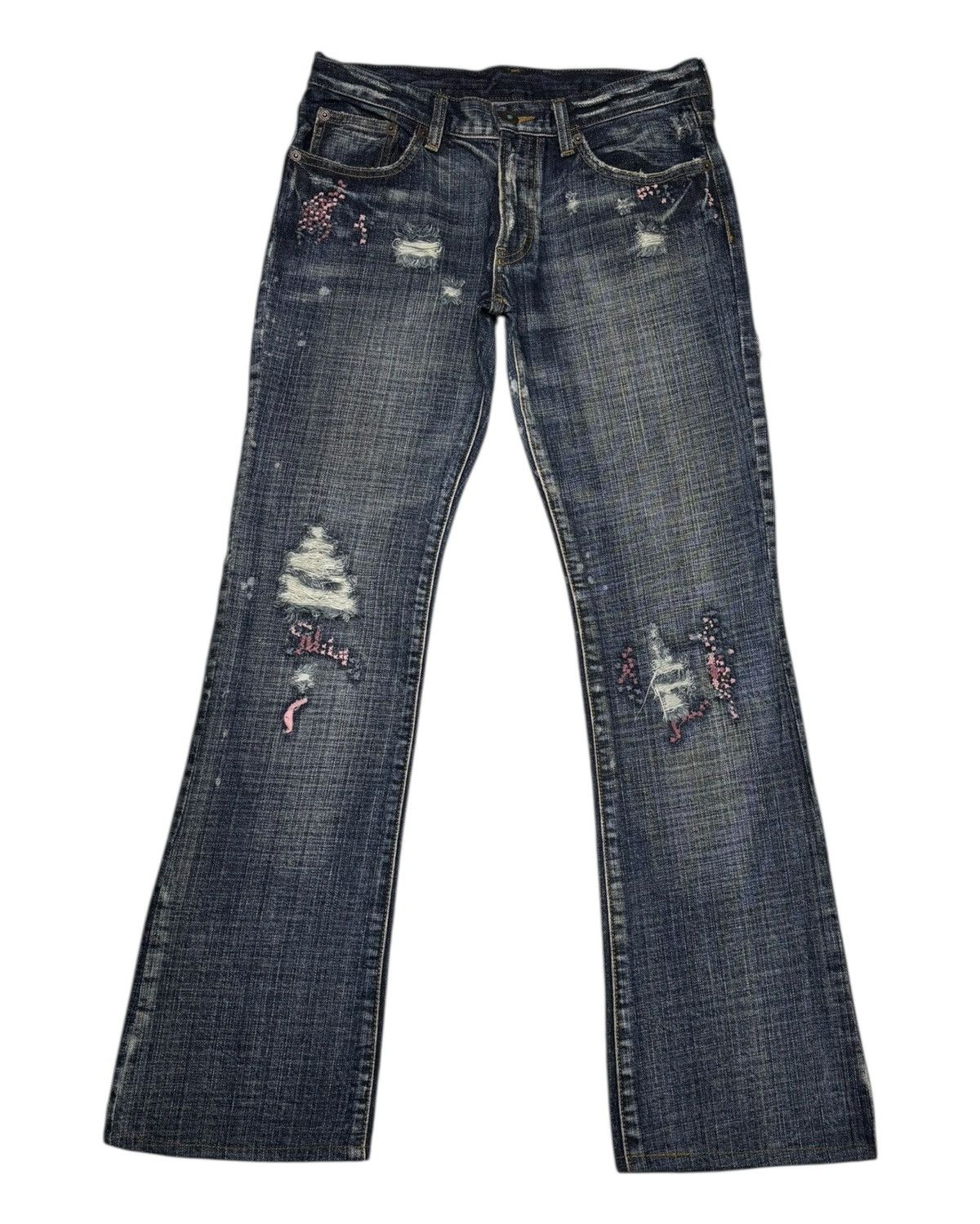 Army Of Me × If Six Was Nine × Japanese Brand Flare Jeans Bootcut Coat Of Arms Distressed Jeans Size 29" - 1 Thumbnail