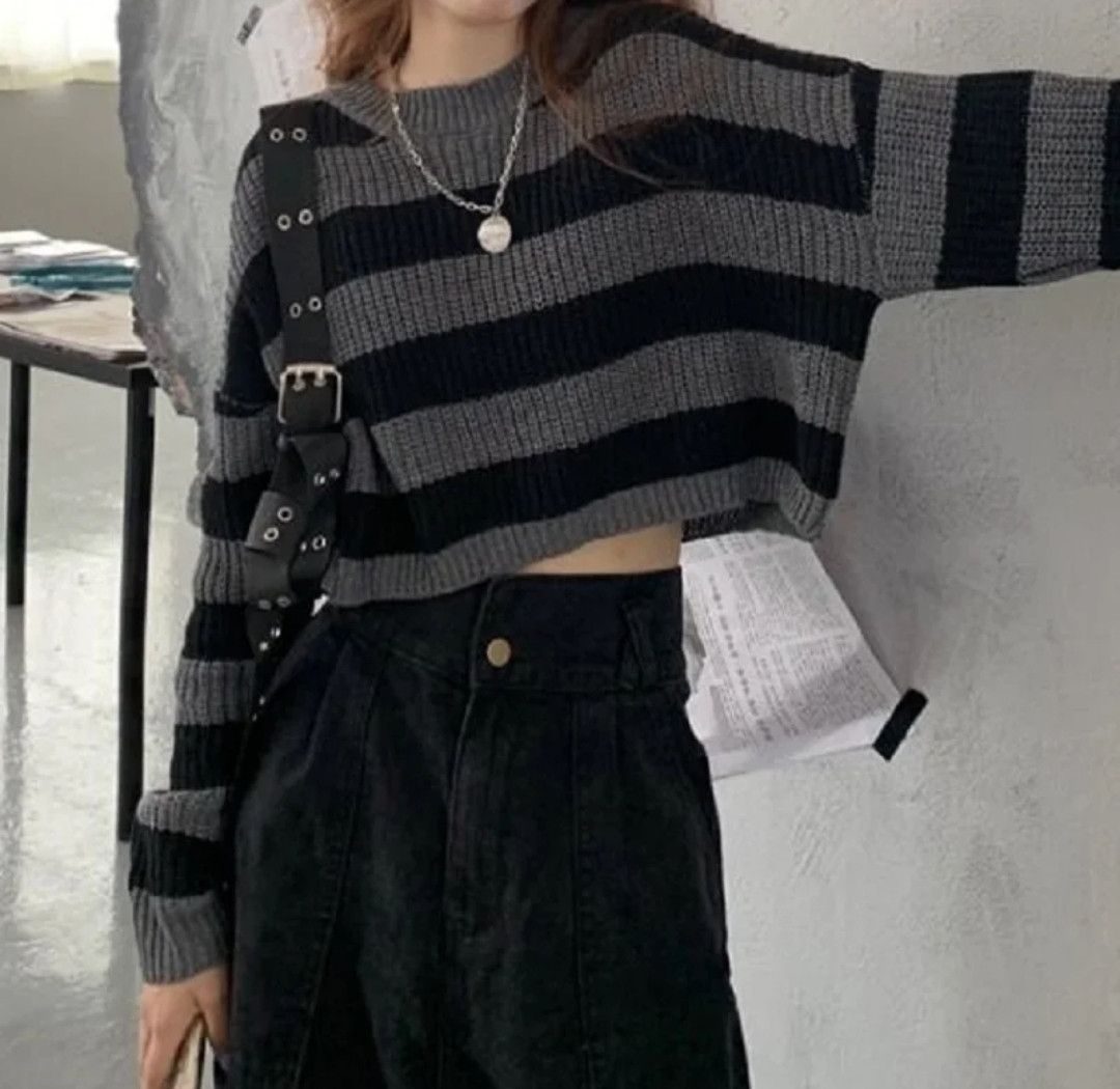Japanese Brand × Vintage Y2K Vtg Design Cropped Sweater Knitted Stripe Grunge Ladies Size M / US 6-8 / IT 42-44 - 2 Thumbnail