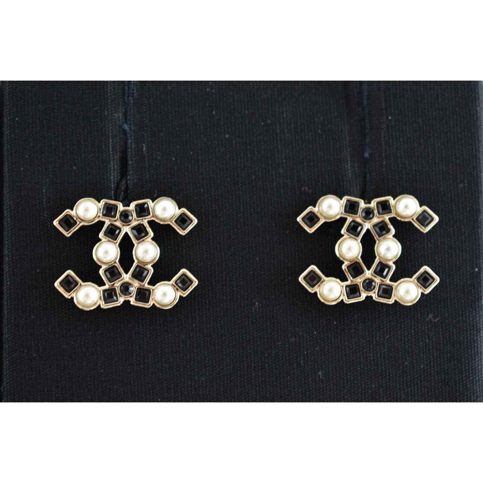 Chanel Chanel Gold Black Crystal Pearl Statement Stud Earrings Size ONE SIZE - 1 Thumbnail