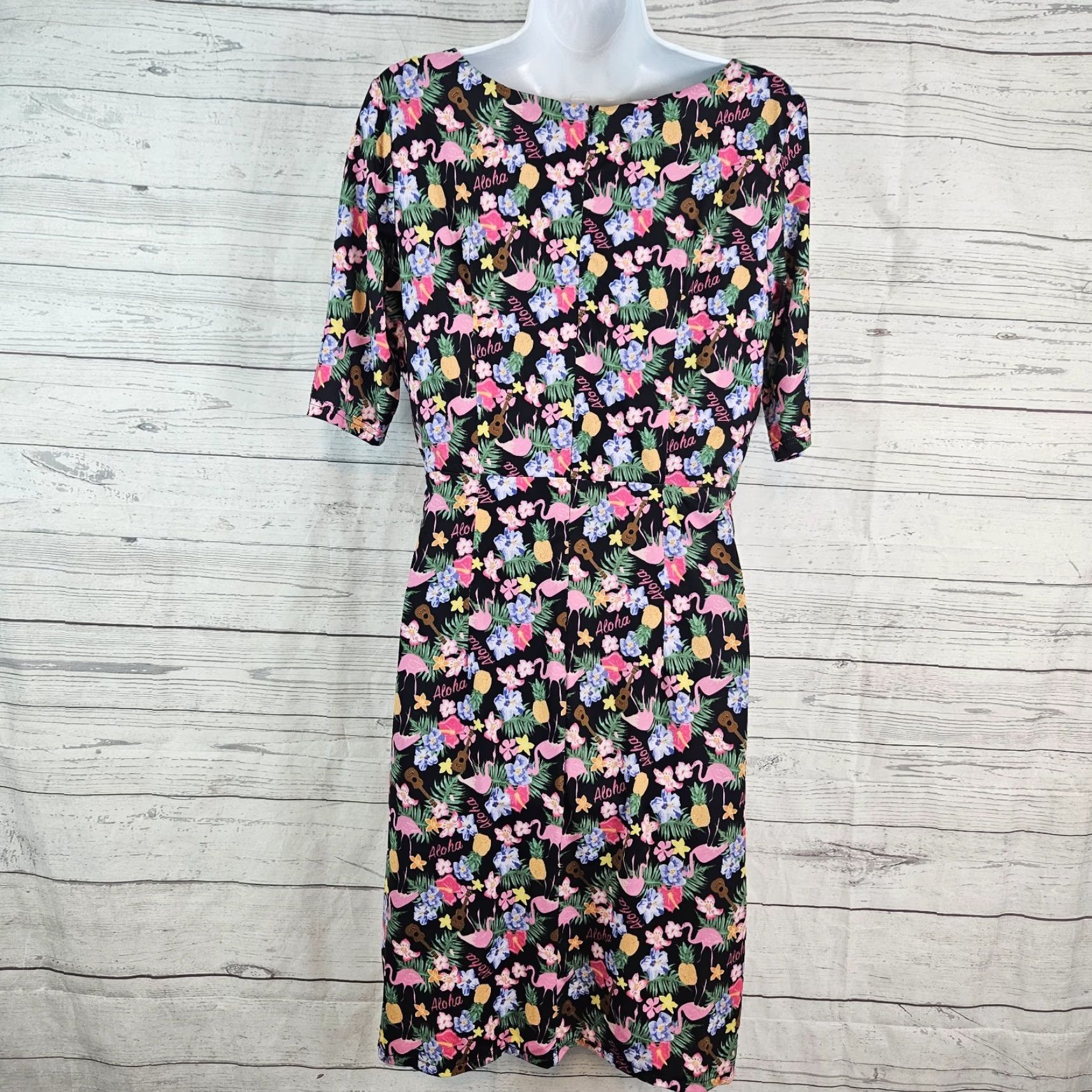 Vintage Lindy Bop Womens Dress 8 Black Pink Flamingos Aloha V-Neck Half Sleeves Dress Size M / US 6-8 / IT 42-44 - 3 Thumbnail