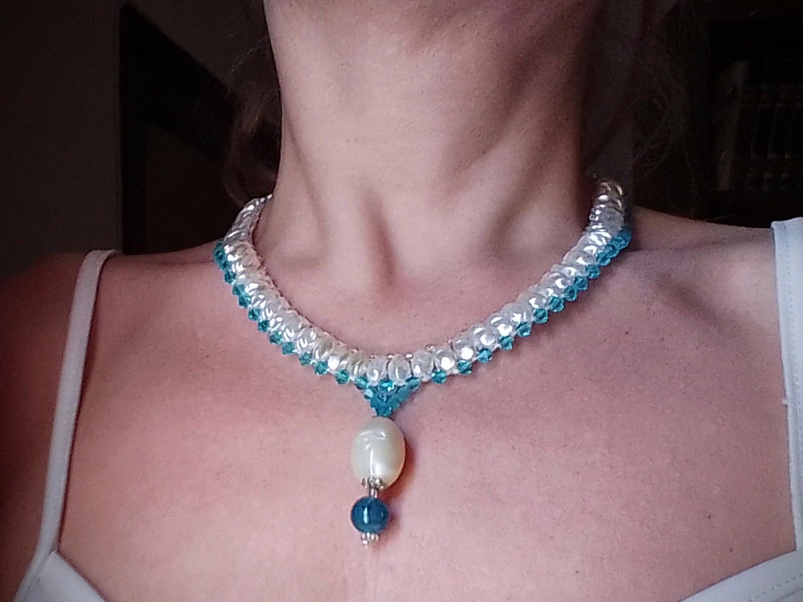 Handmade Elegant necklace Faux River Ivory Pearls Blue Crystals Size ONE SIZE - 3 Thumbnail