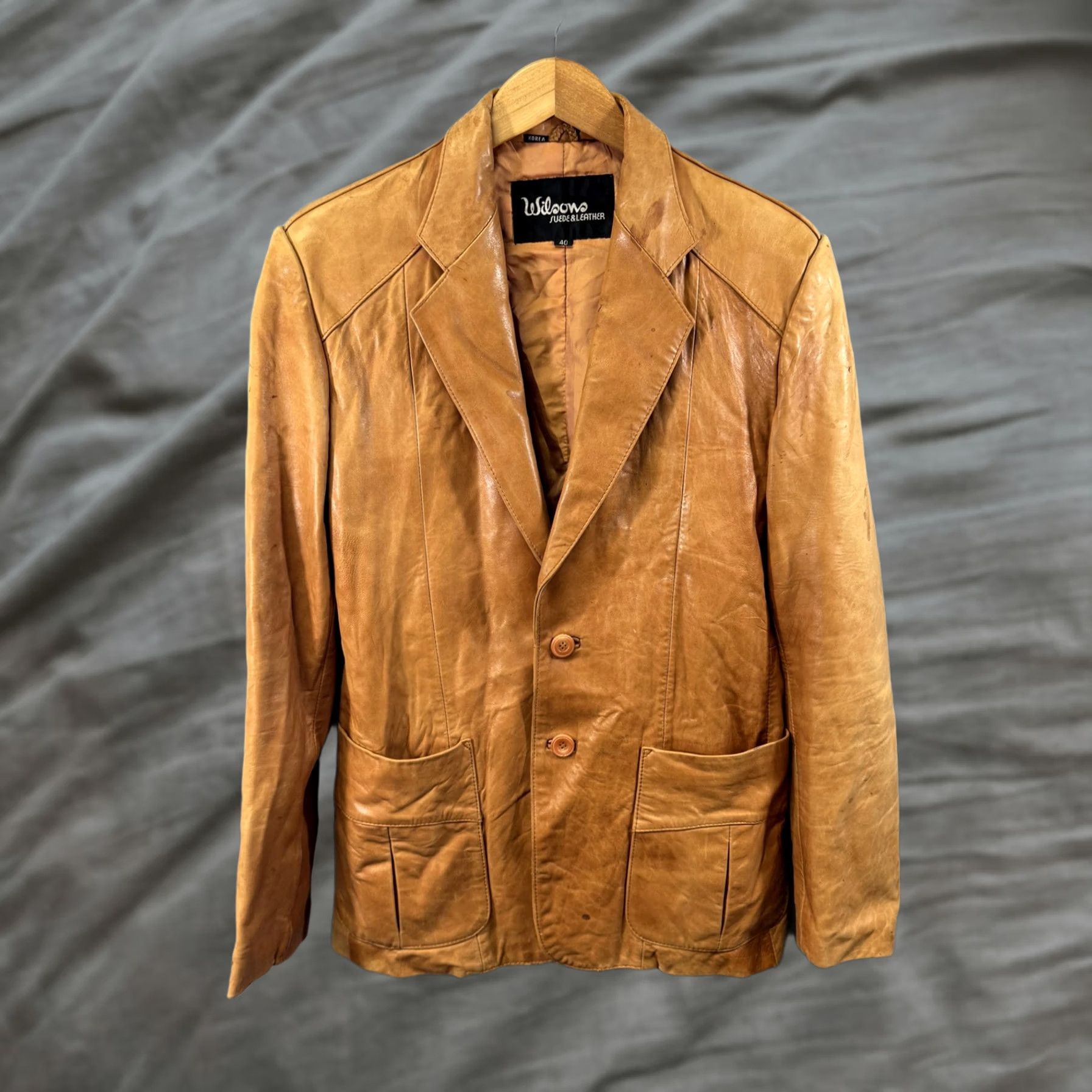 Wilson VINTAGE Welcome Super Leather Blazer Mens 40 Brown Leather Two Button Long Single Breasted Jacket Regular Slim? Size 40R - 1 Thumbnail