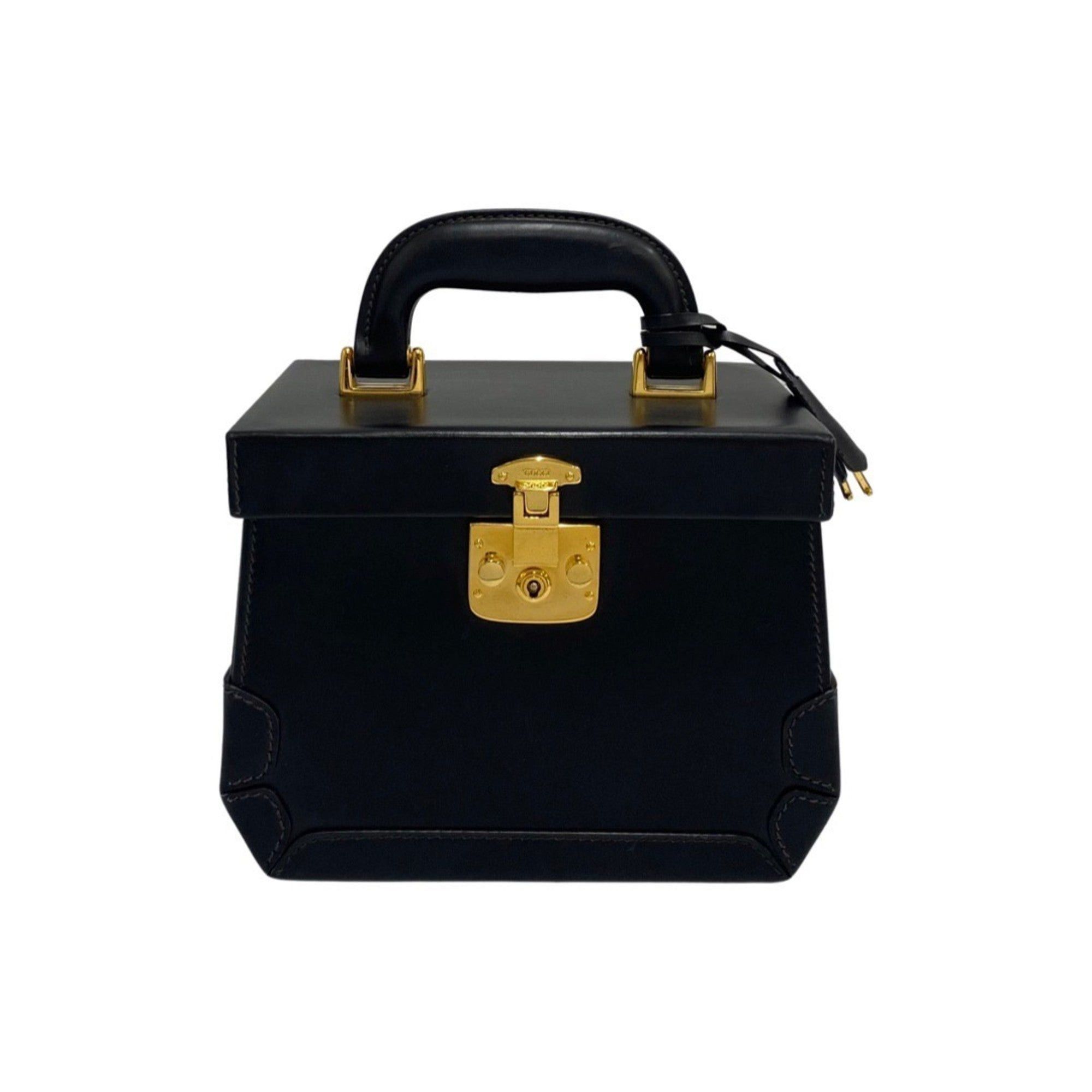 image of Gucci Old Ladylock Hardware Leather Genuine Handbag Vanity Bag Black, Women's