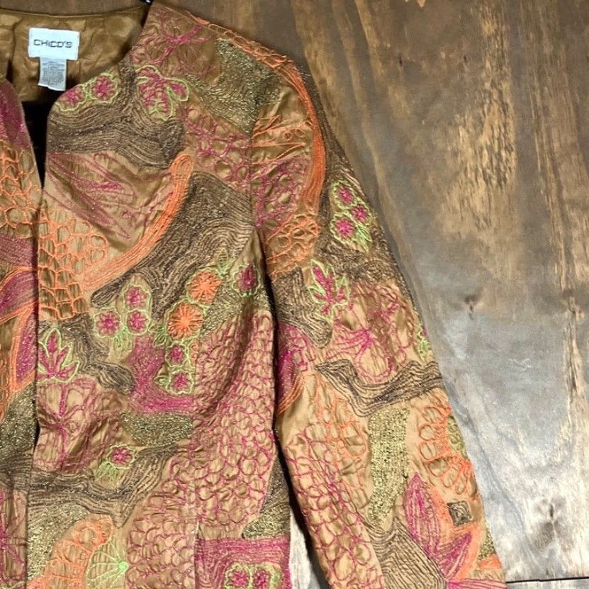 Vintage Chicos Jacket Orange Brown Floral Embroidered Hook & Eye Closure S Womens Mid-Length Regular Jacket Womens Size S / US 4 / IT 40 - 5 Thumbnail