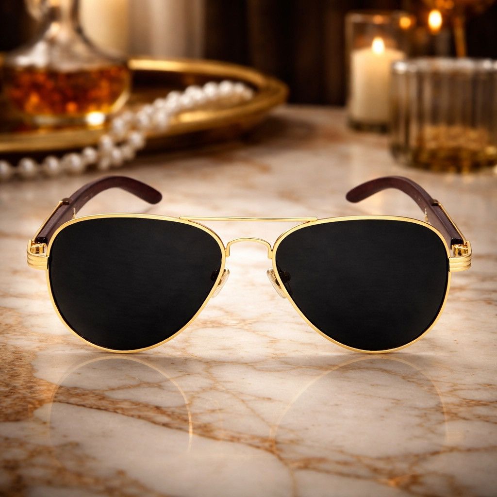 Other Luxury Gold Metal Sunglasses Black Lens Wood Grain Print Arm Size ONE SIZE - 2 Thumbnail