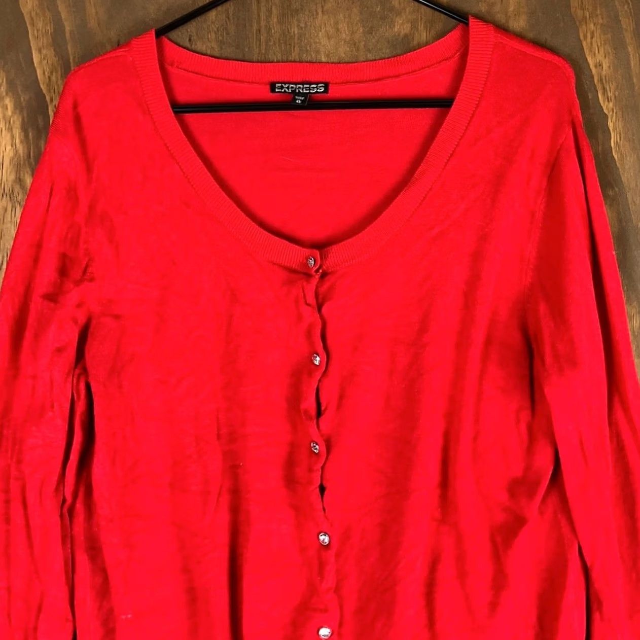 Express Express Womens Cardigan Sweater Red Diamond Button Front Long Sleeve Stretch XL Cardigan Knit Solid Crew Neck Women’s - Casual Workwear Size XL / US 12-14 / IT 48-50 - 2 Thumbnail