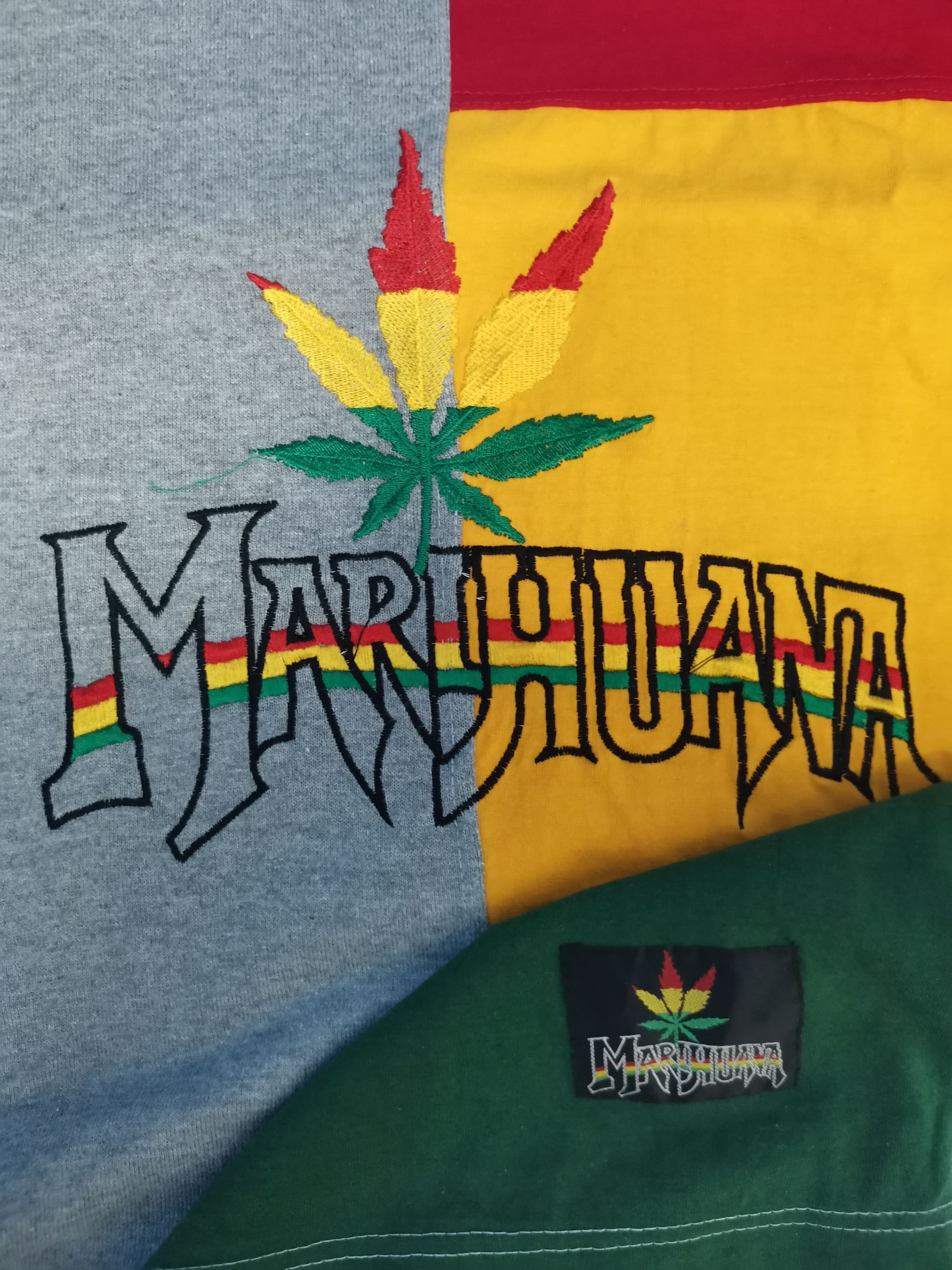 image of 1990X Clothing x Rap Tees Vintage Marijuana Embroidered Logo Rap Tee Patchwork, Men's (Size Large)