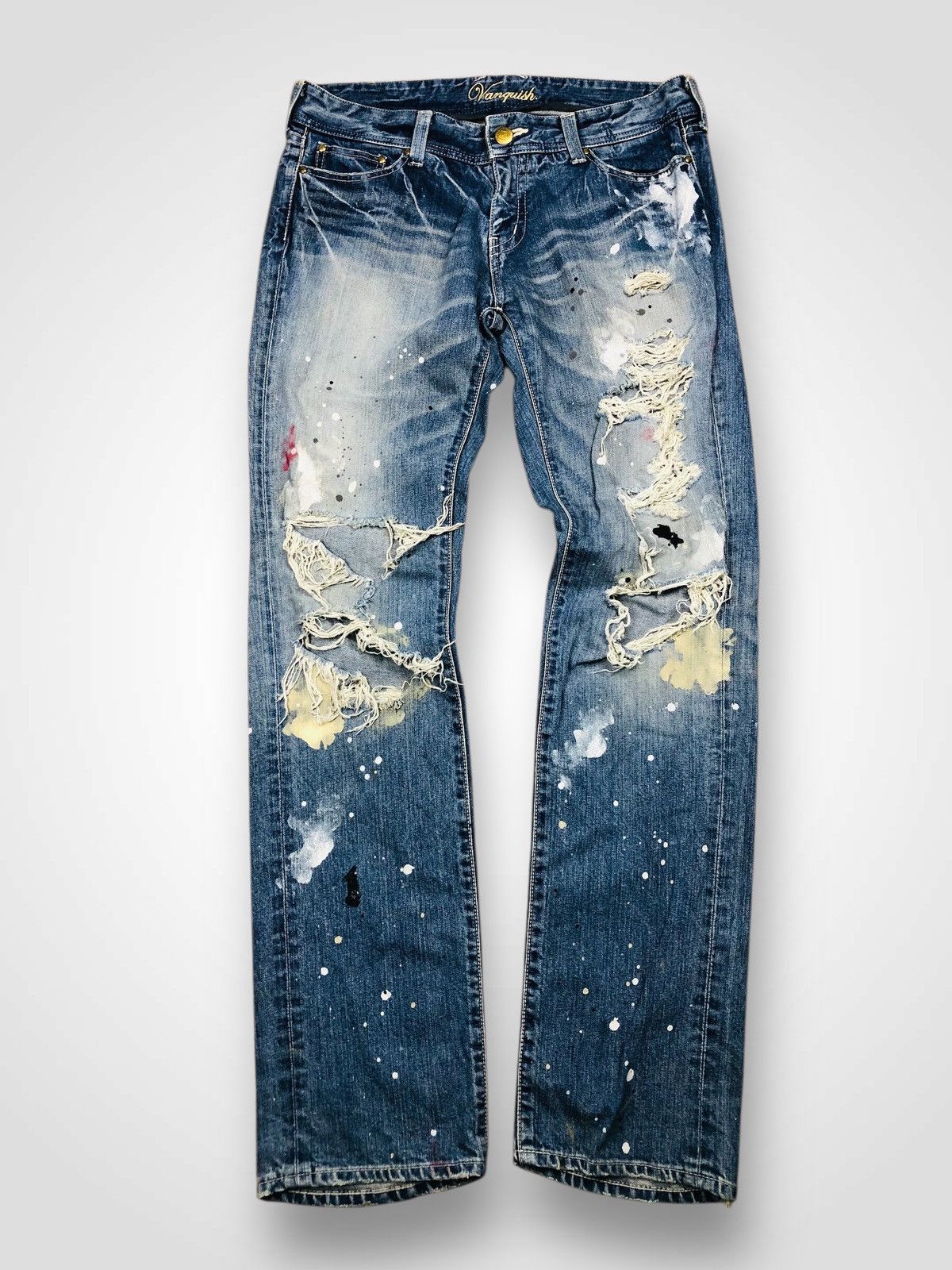 Vanquish Vanquish Gold Distressed Paint Splatter Denim (38) Size 35" - 1 Thumbnail