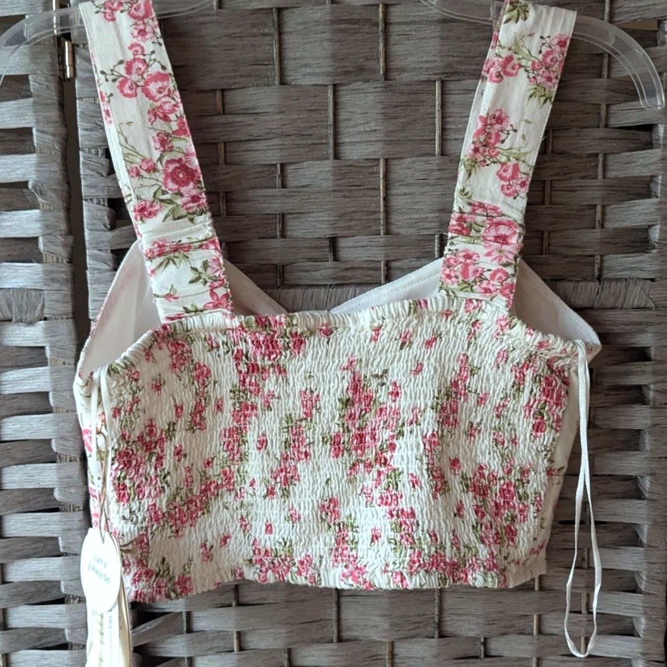 Vintage Midnight Sky Sleeveless Crop Top Womens M White Pink Floral Smocked Linen Blend Tank Cropped Shabby Chic Size M / US 6-8 / IT 42-44 - 3 Thumbnail