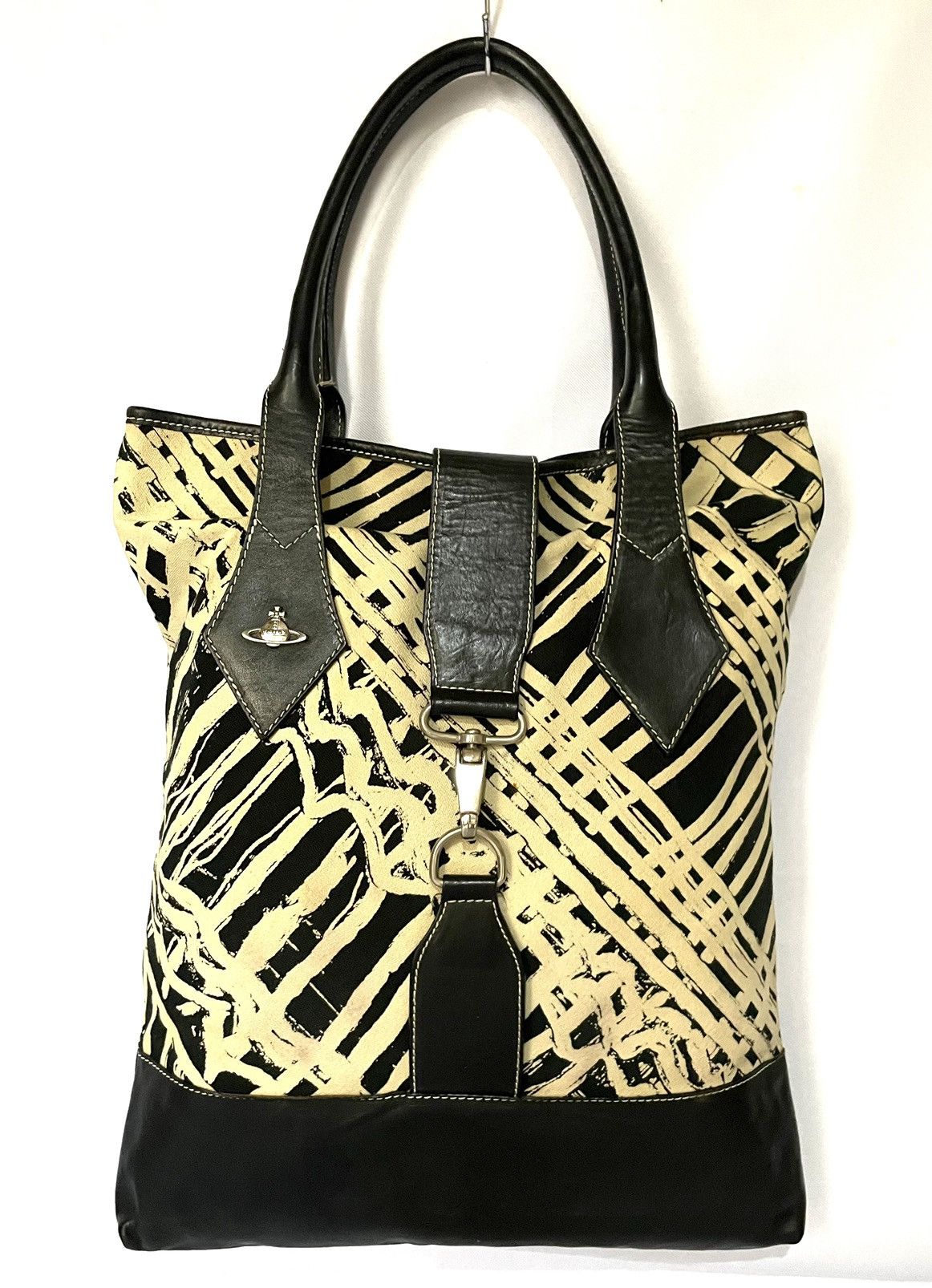 Vintage x Vivienne Westwood Abstract Print Canvas Leather Tote Bag in White, Women's