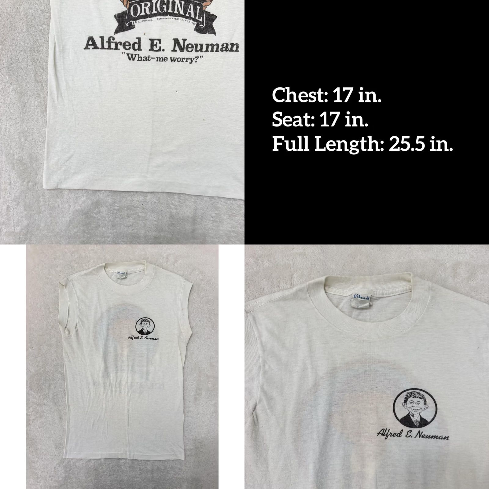 Vintage VINTAGE Alfred E Neuman Tank Top Shirt Mens M White MAD Magazine Graphic Print Sleeveless Crew Neck Jersey Cotton Polyester Summer USA Size US M / EU 48-50 / 2 - 8 Thumbnail