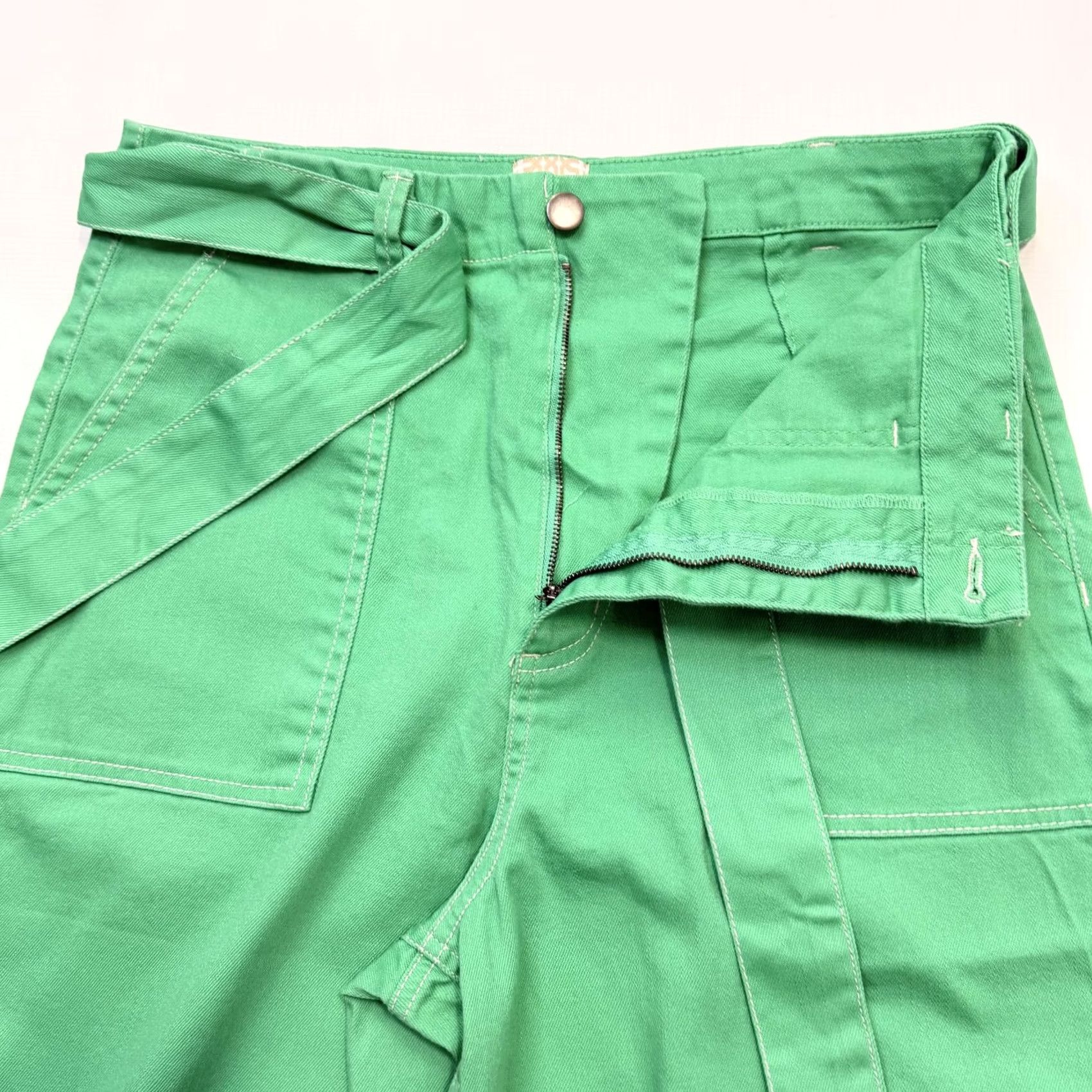 Vintage GB Junior Pants 11 Green Cropped Wide-Leg Belted Twill Pockets Stretch Casual Men/Women? Size 32" / US 10 / IT 46 - 7 Thumbnail