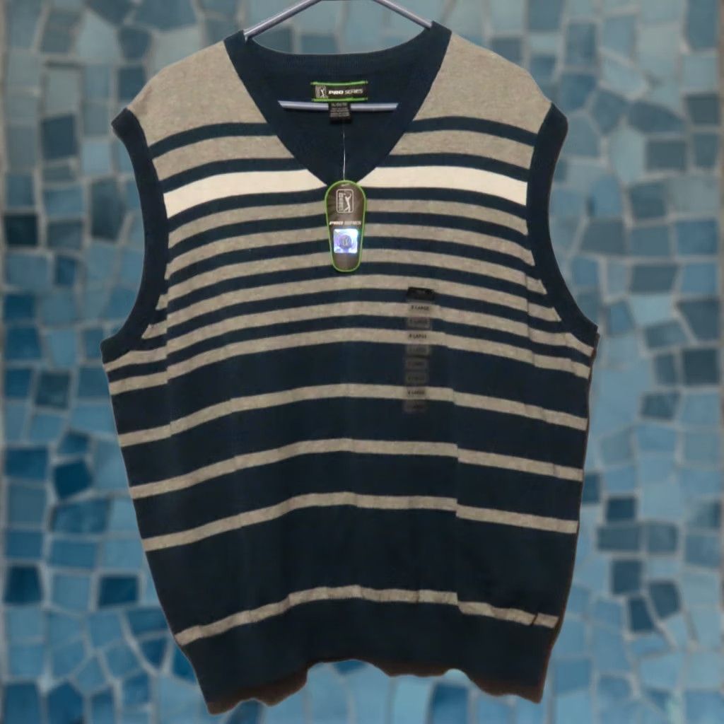 PGA Tour PGA TOUR Sweater Vest Mens XL Legion Blue V-Neck Striped All Seasons Lightweight Golf Theme NWT Size US XL / EU 56 / 4 - 1 Thumbnail