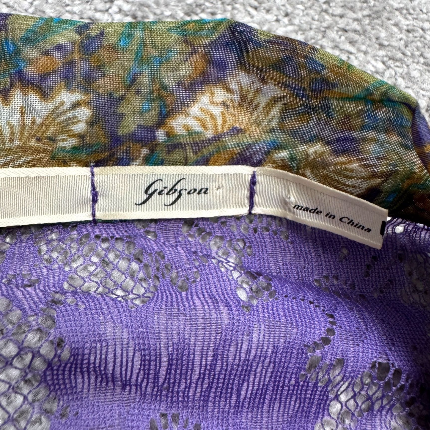 Vintage Gibson Puff Sleeve Tie High Neck Floral Blouse Womens M Green Purple Lace Floral Boho Cottage Boho Blouse, Puff Sleeve, Green, Medium, Gibson, Womens Size M / US 6-8 / IT 42-44 - 7 Thumbnail