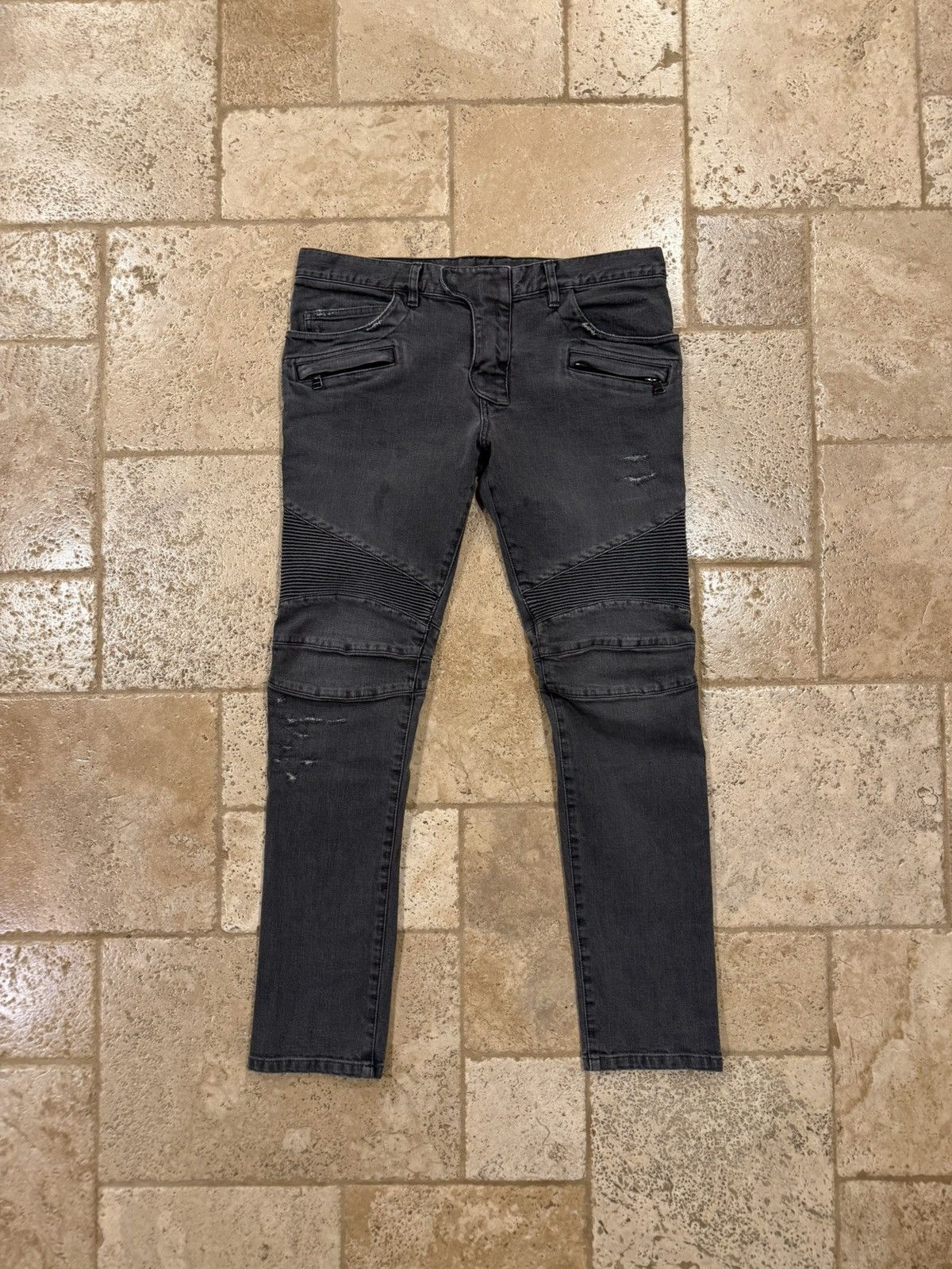 Balmain Balmain Moto Biker Distressed Gray Wash Denim Jeans Size US 35 - 1 Thumbnail