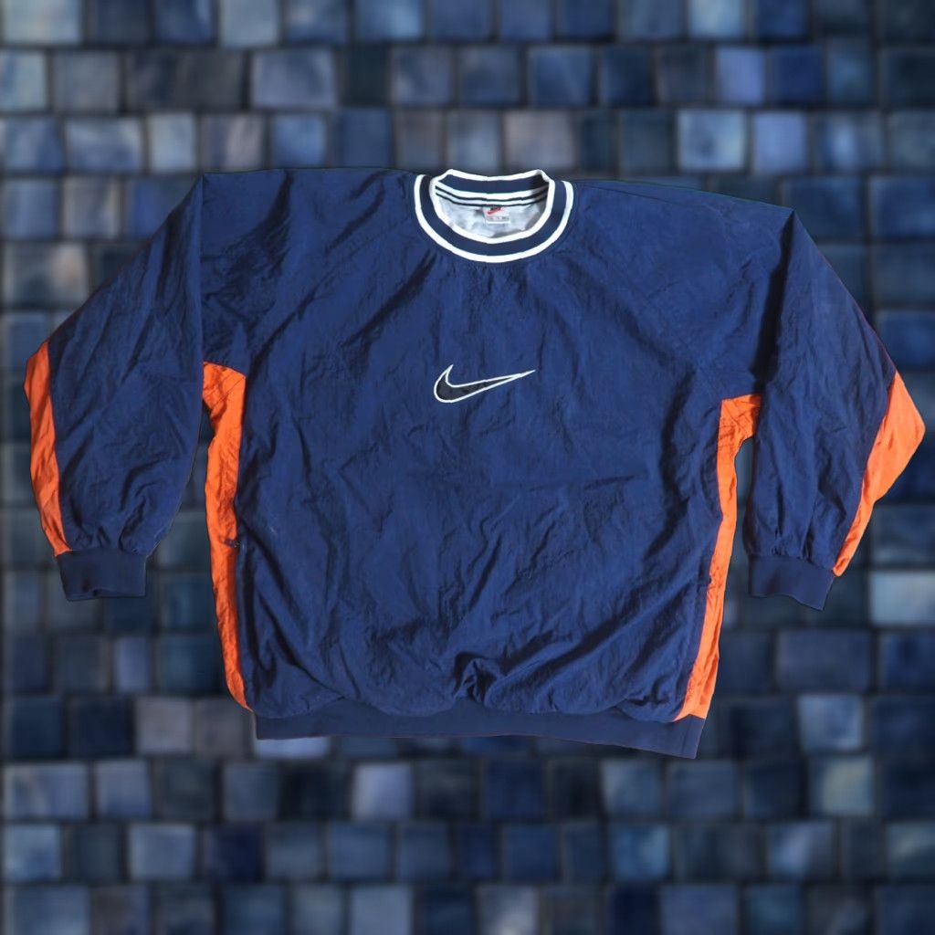 Nike VTG Nike Navy Blue Orange Big Check Swoosh Nylon Pullover Jacket Mens XL Size US XL / EU 56 / 4 - 1 Thumbnail