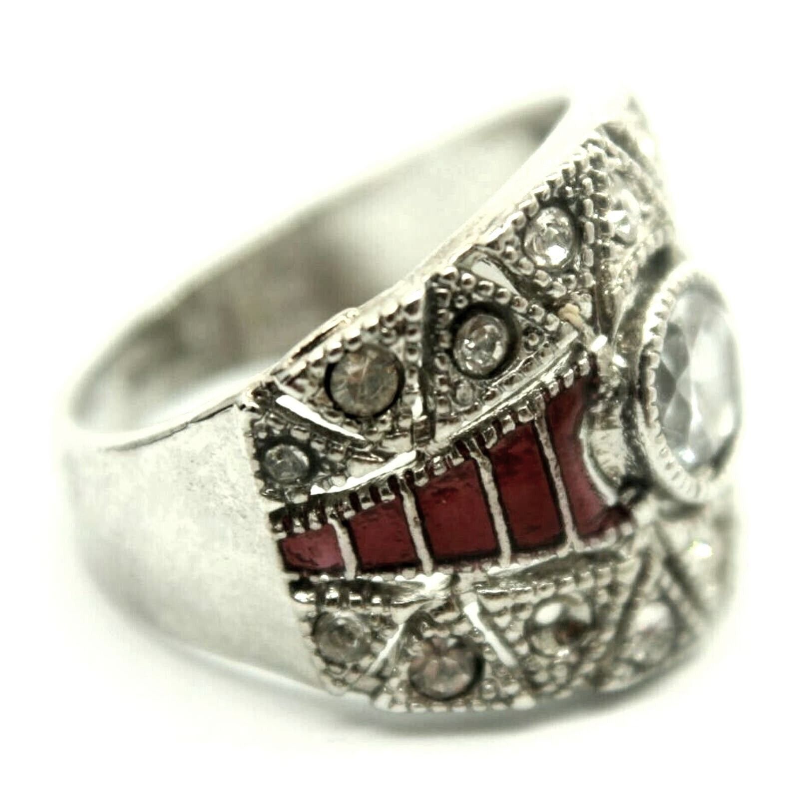 Other Red Enamel White Rhinestone Ring Silver Tone Band Ring 8 Size ONE SIZE - 2 Thumbnail