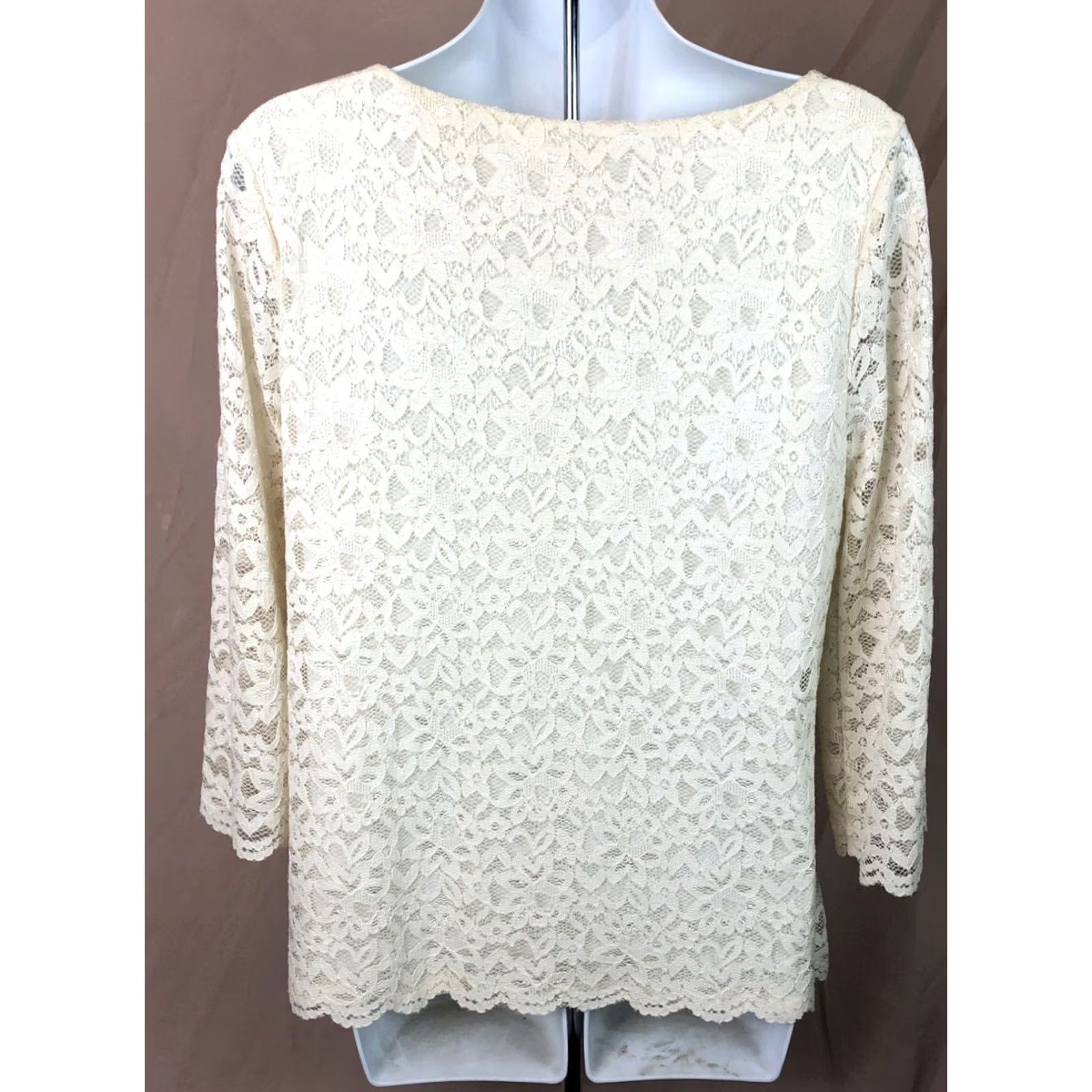 Charter Club VINTAGE Charter Club Lace Top Blouse M Ivory 3/4 Sleeves Round Neck Lined Womens Shirt 90s Dainty Fairy Italic Style Size M / US 6-8 / IT 42-44 - 5 Thumbnail