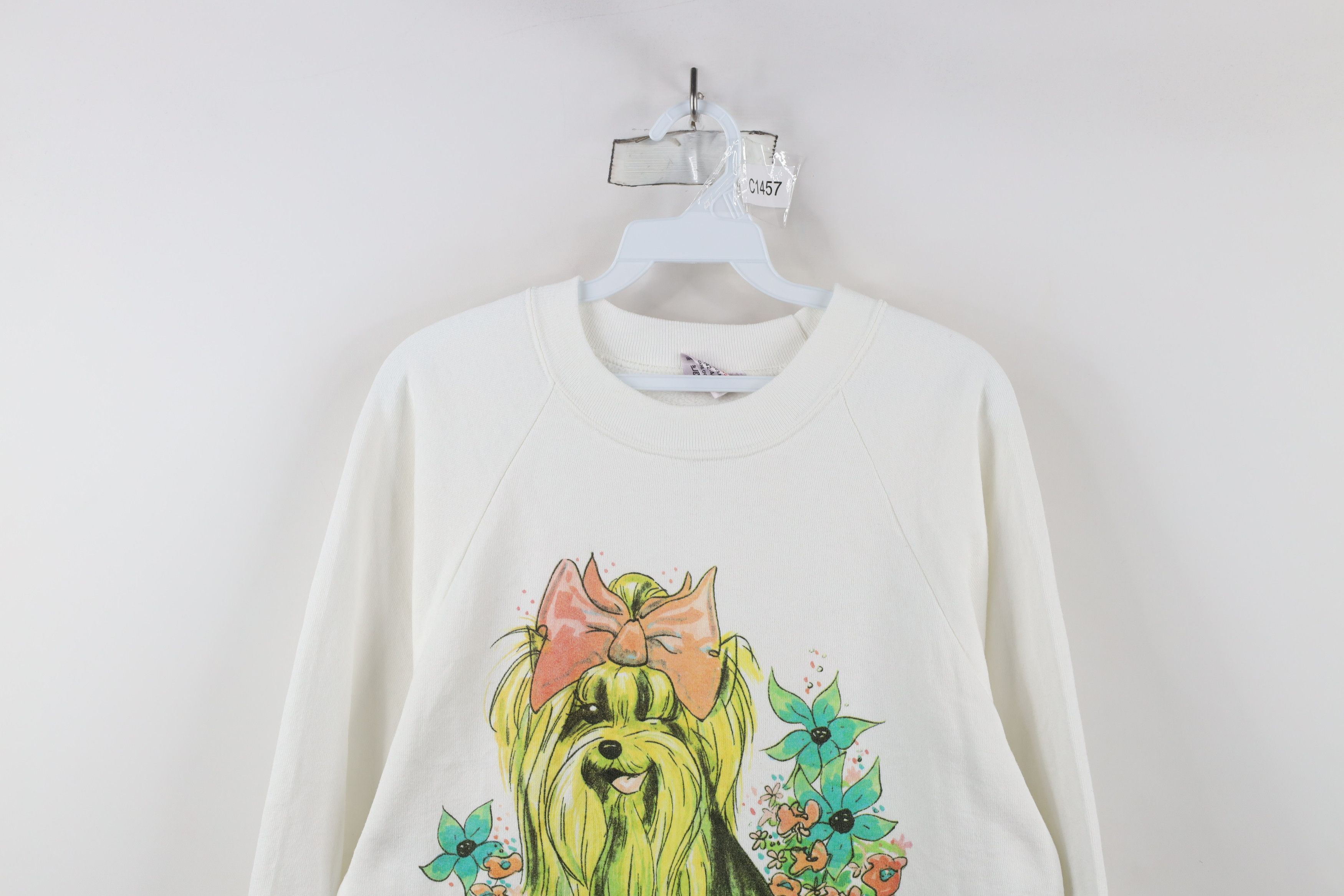 Vintage Vtg 90s Streetwear Dog Flower Crewneck Sweatshirt White USA Size L / US 10 / IT 46 - 2 Thumbnail