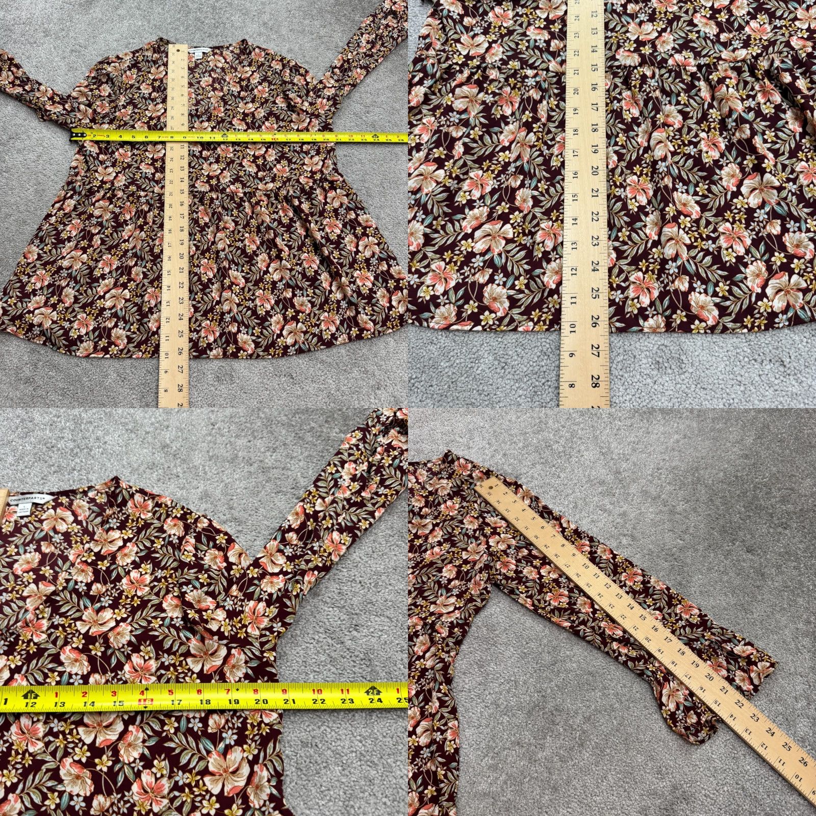 Vintage Counterparts Blouse Womens Large Burgundy Floral Long Sleeve V-Neck Tunic Top Size L / US 10 / IT 46 - 8 Thumbnail