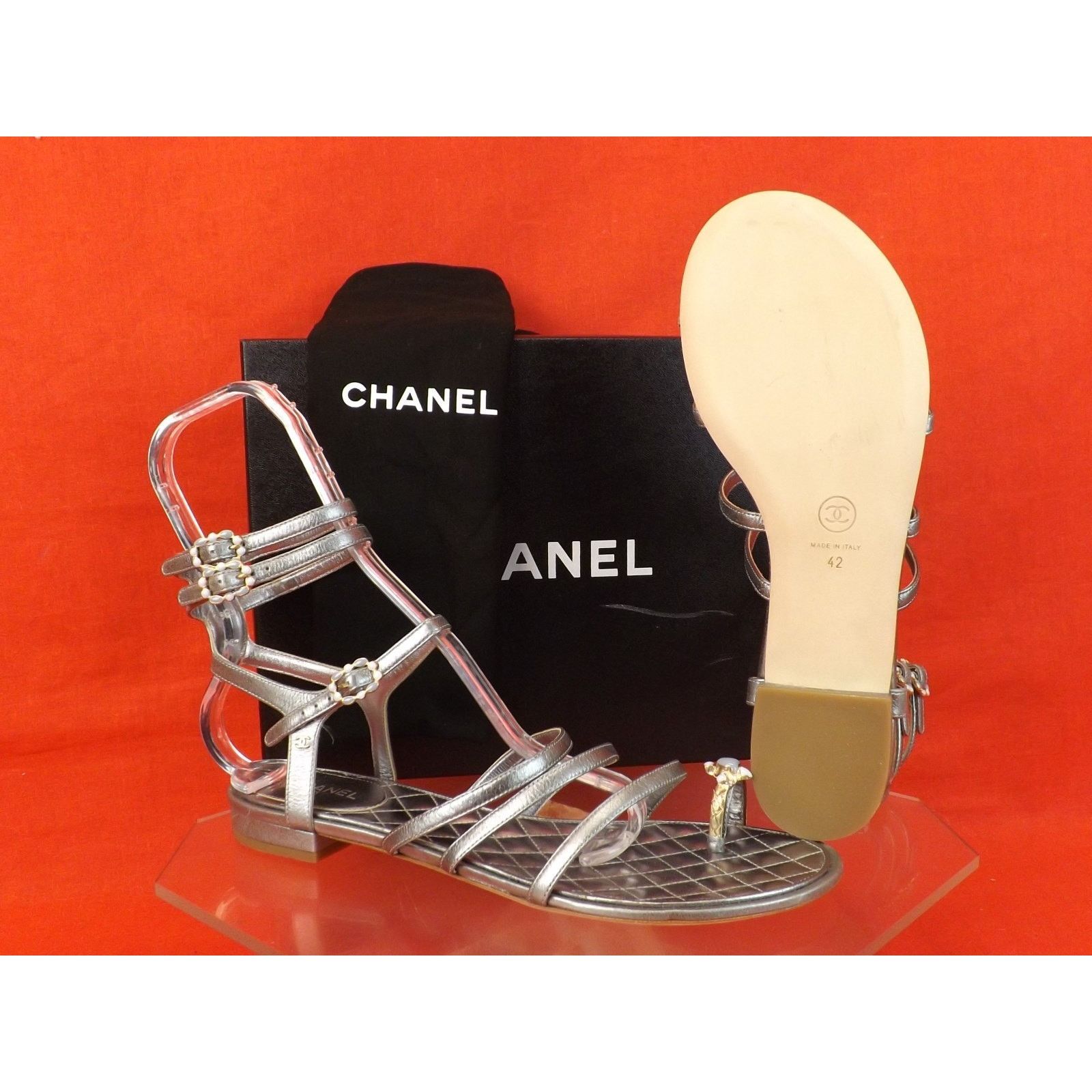 Chanel CHANEL SILVER LEATHER JEWELS RING CC LOGO FLATS SANDALS 42 Size US 12 / IT 42 - 11 Thumbnail