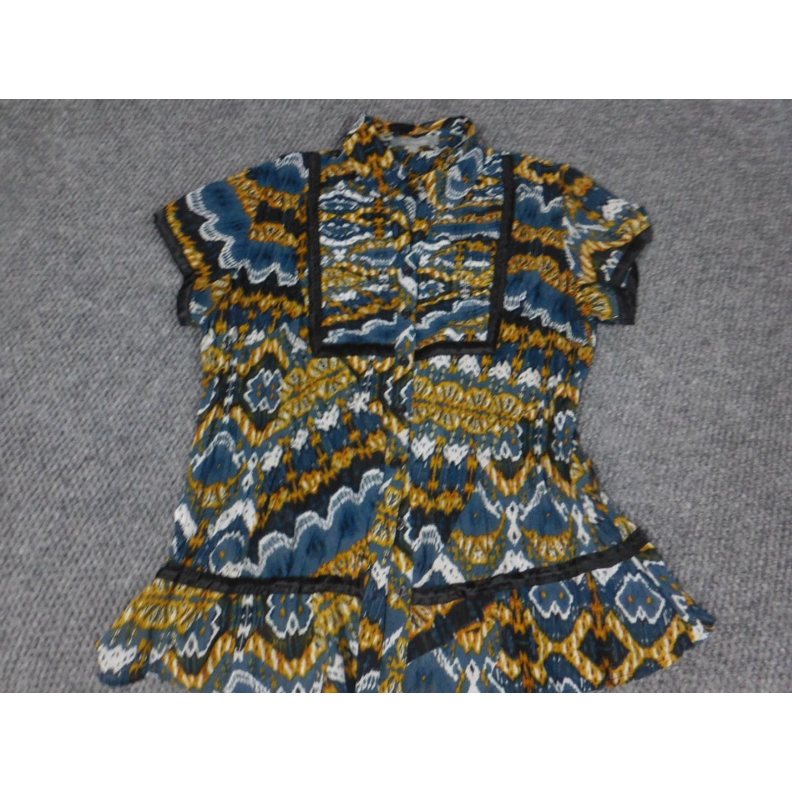 Vintage NY Collection Blouse Womens Large Blue Shirt Short Sleeve Collared Pullover Regular Cotton Rayon Stretch Casual Basic Size L / US 10 / IT 46 - 2 Thumbnail