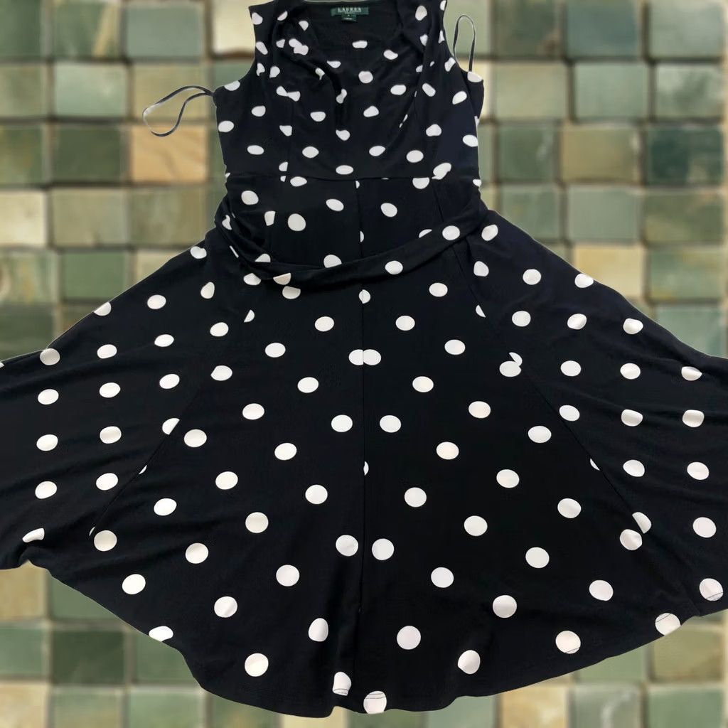 Ralph Lauren Lauren Ralph Lauren A-Line Dress Women 8 Black Polka Dot Sleeveless Knee Length Casual Pullover Knit Polyester Spandex Size M / US 6-8 / IT 42-44 - 1 Thumbnail